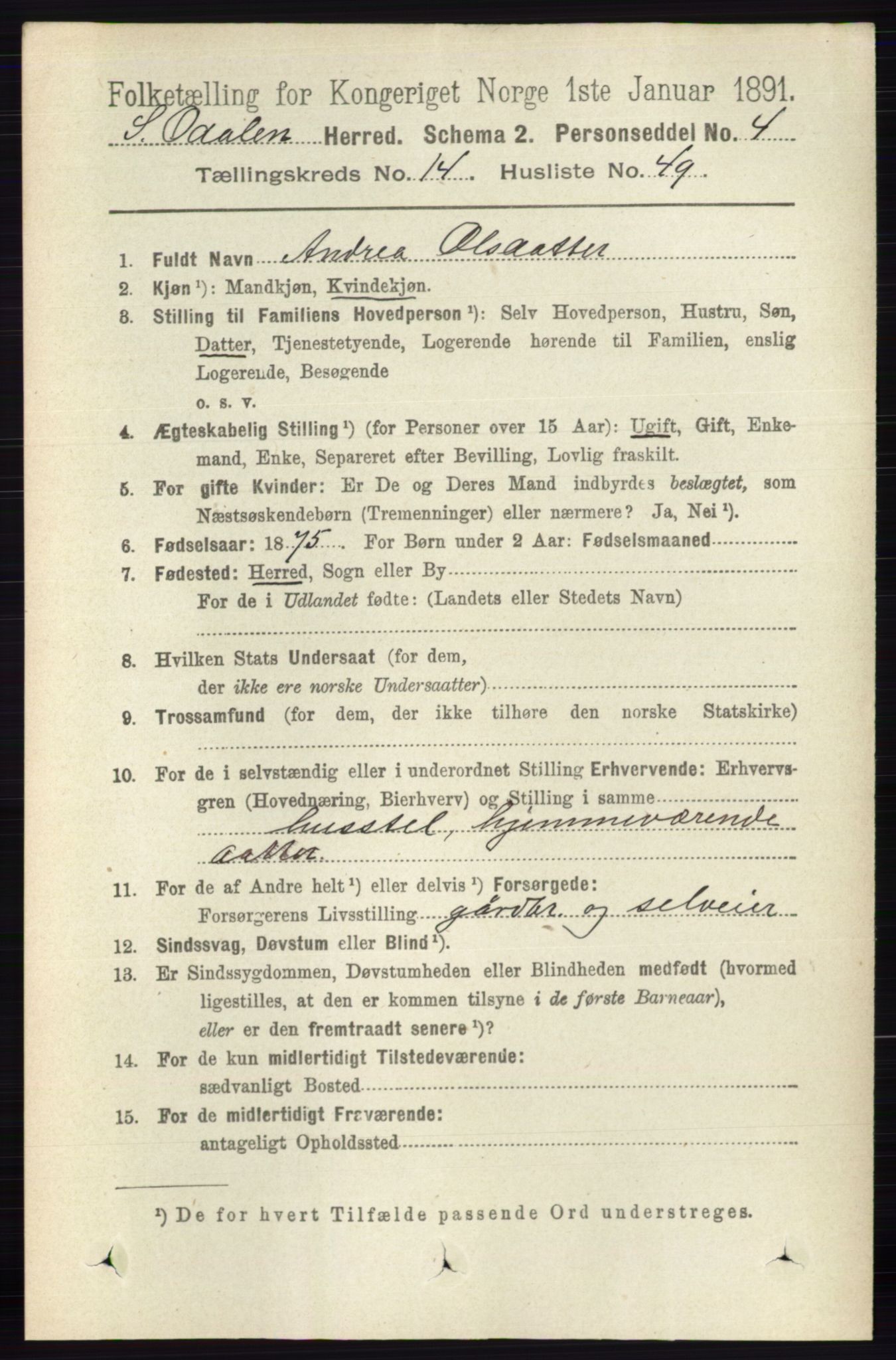 RA, 1891 census for 0419 Sør-Odal, 1891, p. 6343