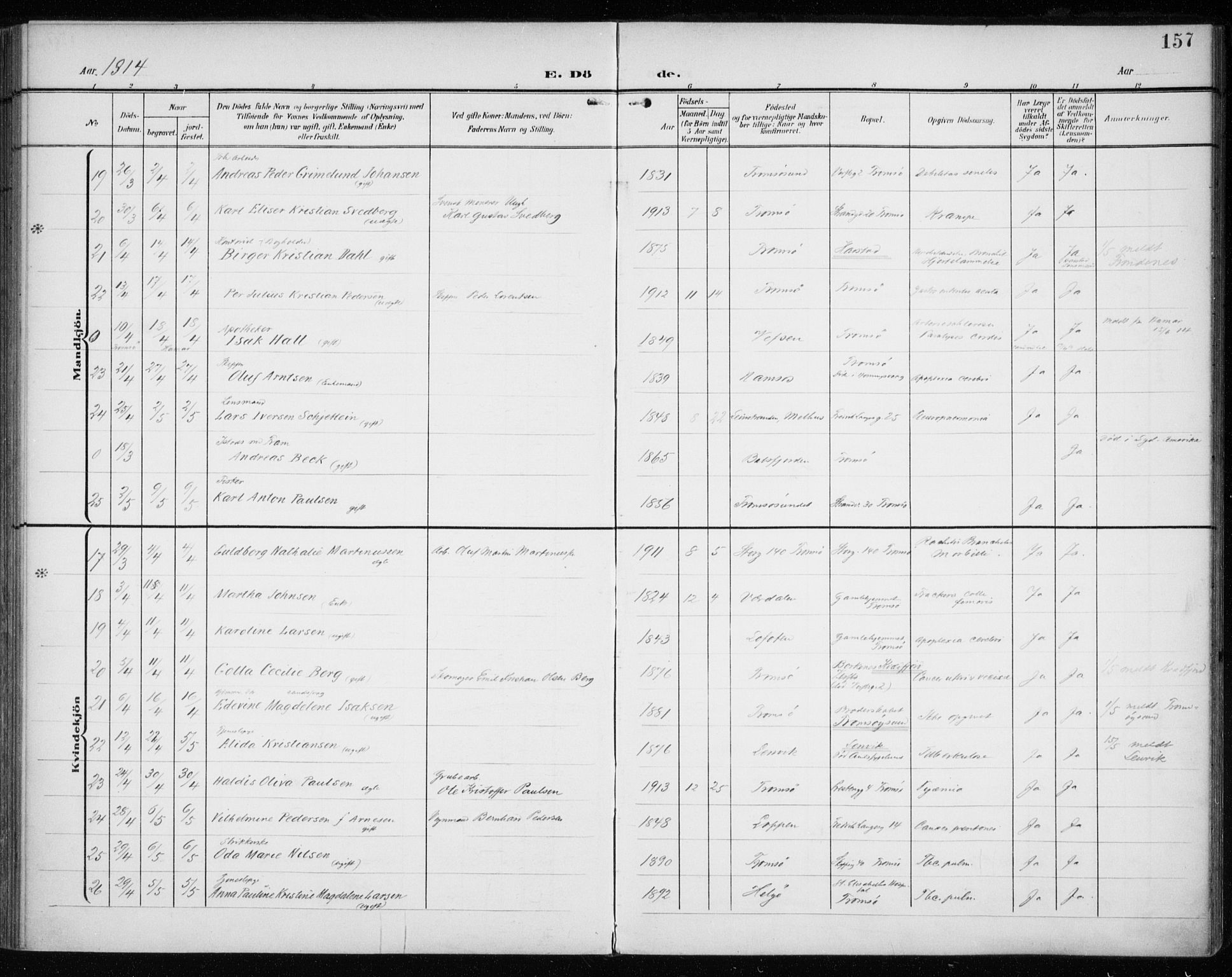 Tromsø sokneprestkontor/stiftsprosti/domprosti, AV/SATØ-S-1343/G/Ga/L0018kirke: Parish register (official) no. 18, 1907-1917, p. 157