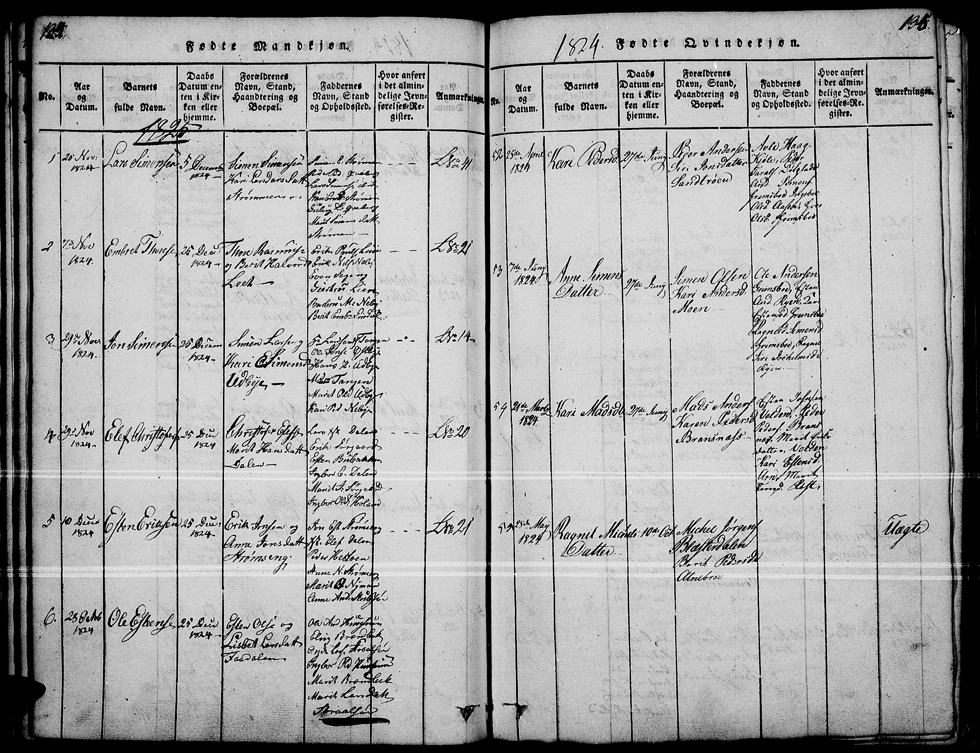 Tynset prestekontor, SAH/PREST-058/H/Ha/Haa/L0018: Parish register (official) no. 18, 1815-1829, p. 134-135