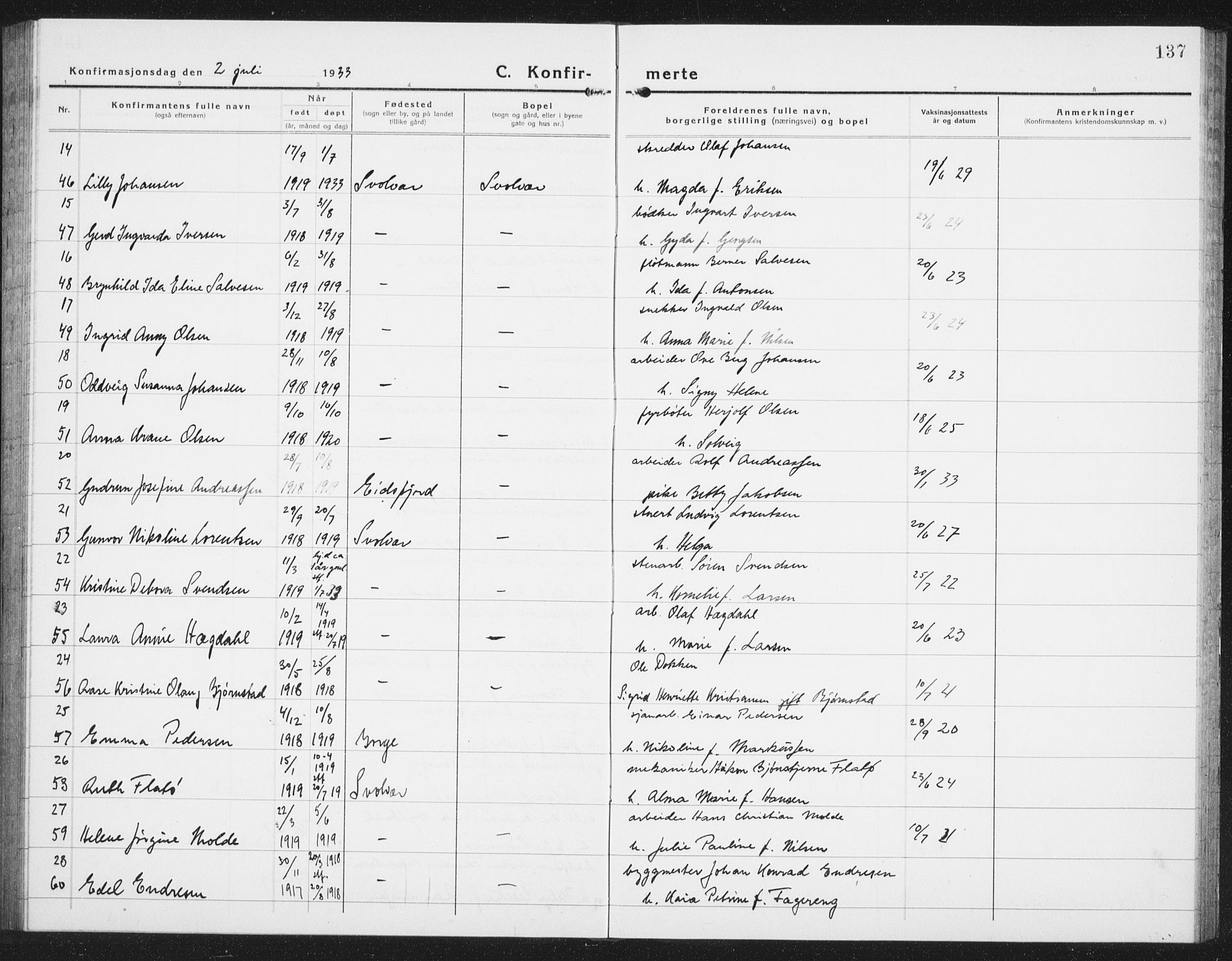 Ministerialprotokoller, klokkerbøker og fødselsregistre - Nordland, AV/SAT-A-1459/877/L1117: Parish register (copy) no. 877C01, 1923-1942, p. 137