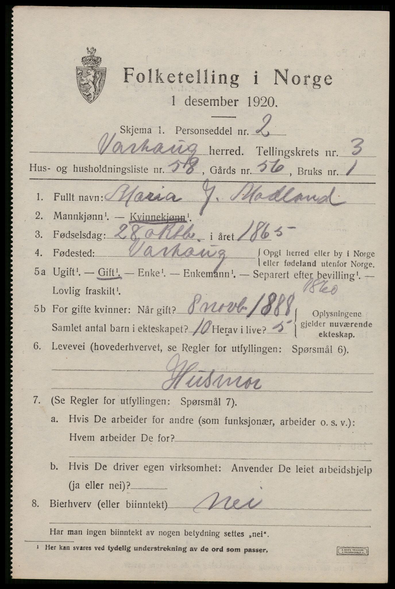 SAST, 1920 census for Varhaug, 1920, p. 3601