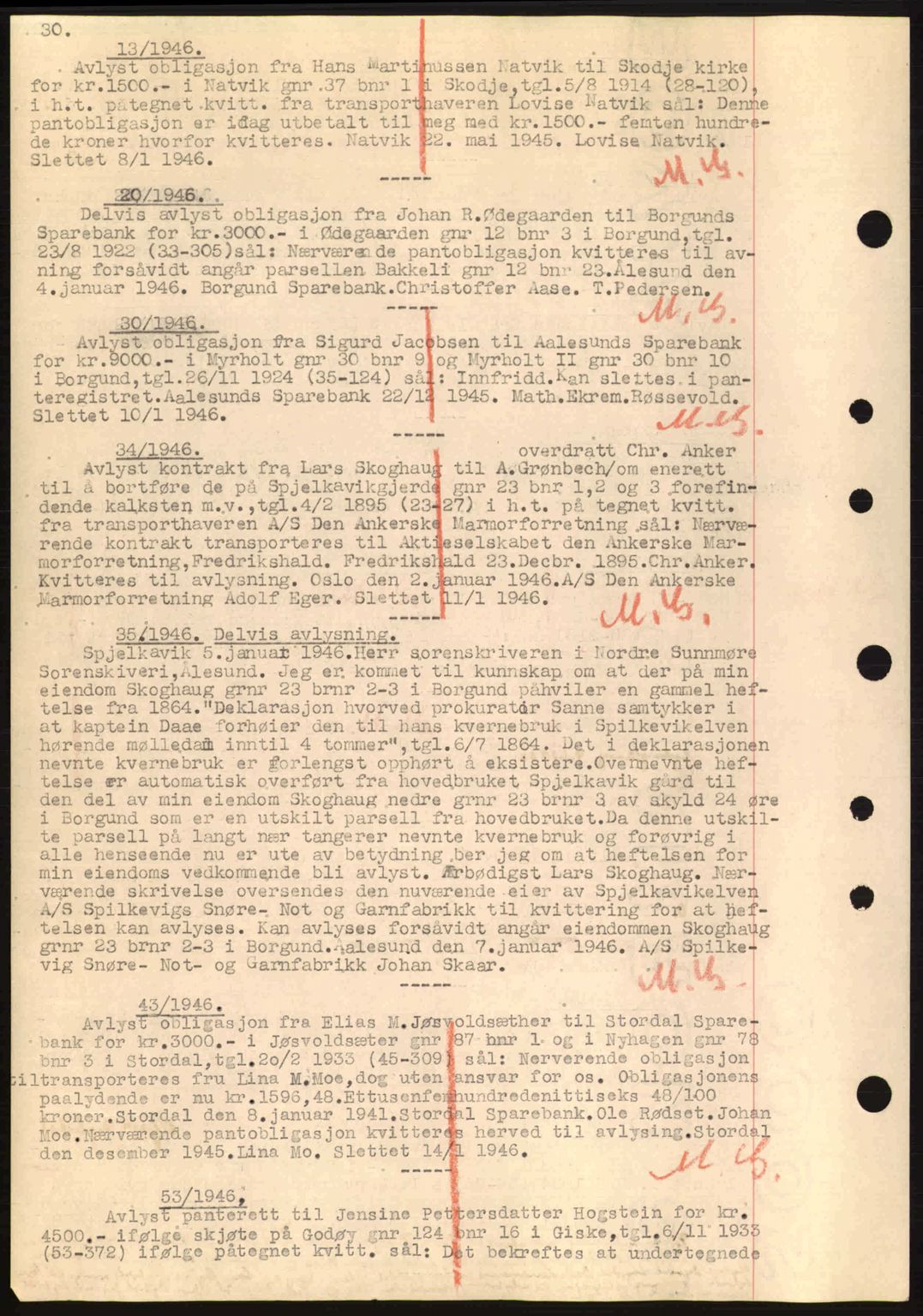 Nordre Sunnmøre sorenskriveri, SAT/A-0006/1/2/2C/2Ca: Mortgage book no. B6-14 a, 1942-1945, Diary no: : 13/1946