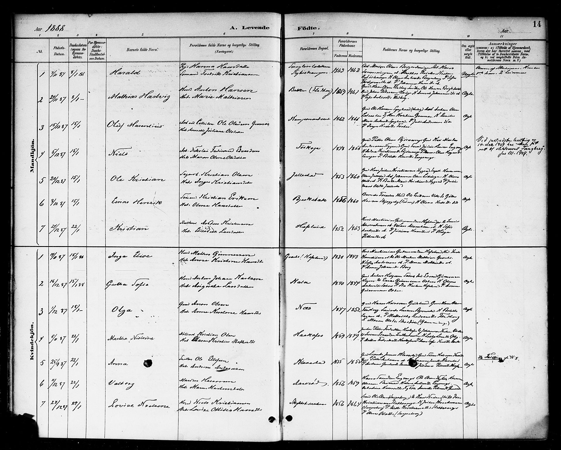 Skjeberg prestekontor Kirkebøker, AV/SAO-A-10923/F/Fa/L0009: Parish register (official) no. I 9, 1886-1897, p. 14