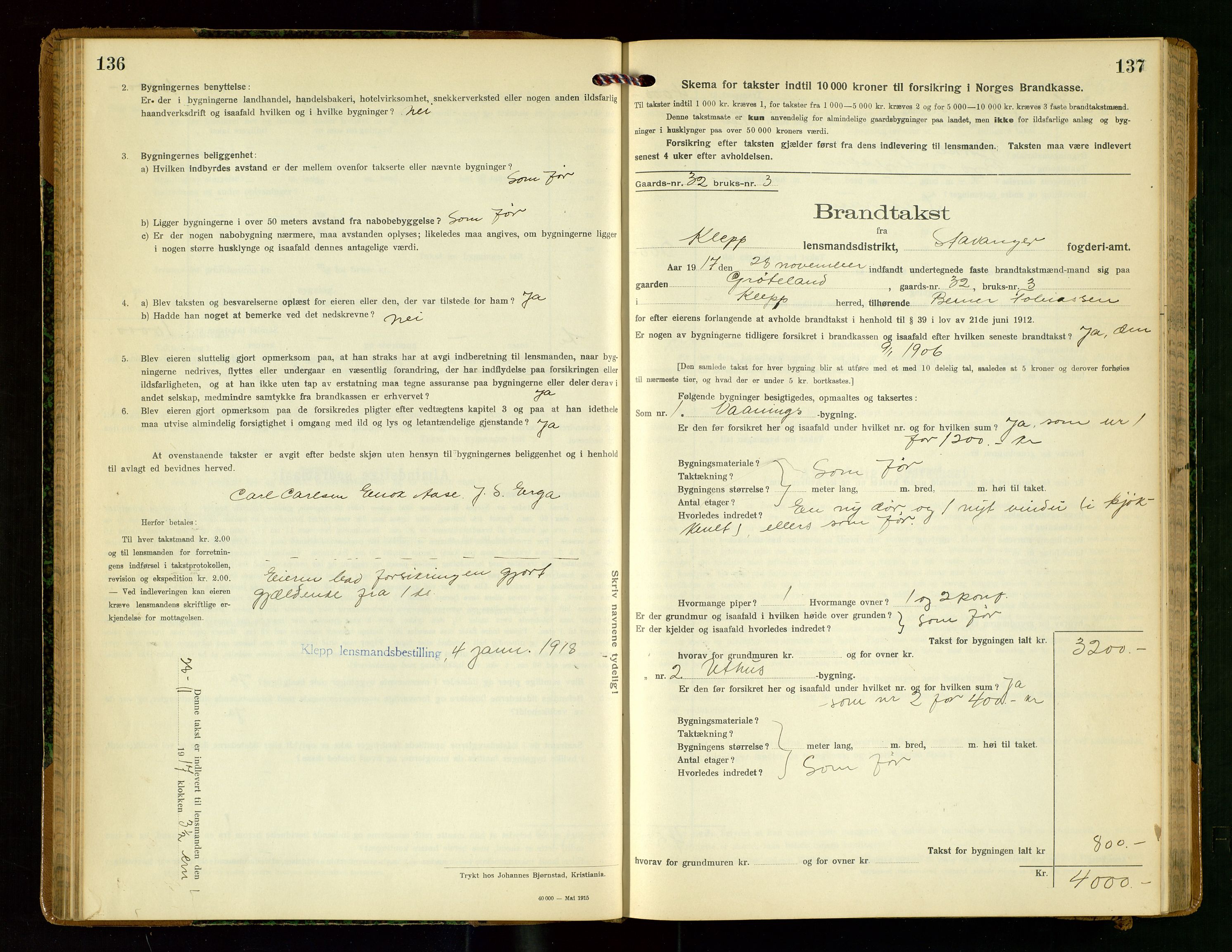 Klepp lensmannskontor, SAST/A-100163/Goc/L0009: "Brandtakstprotokol" m/register, 1917-1919, p. 136-137