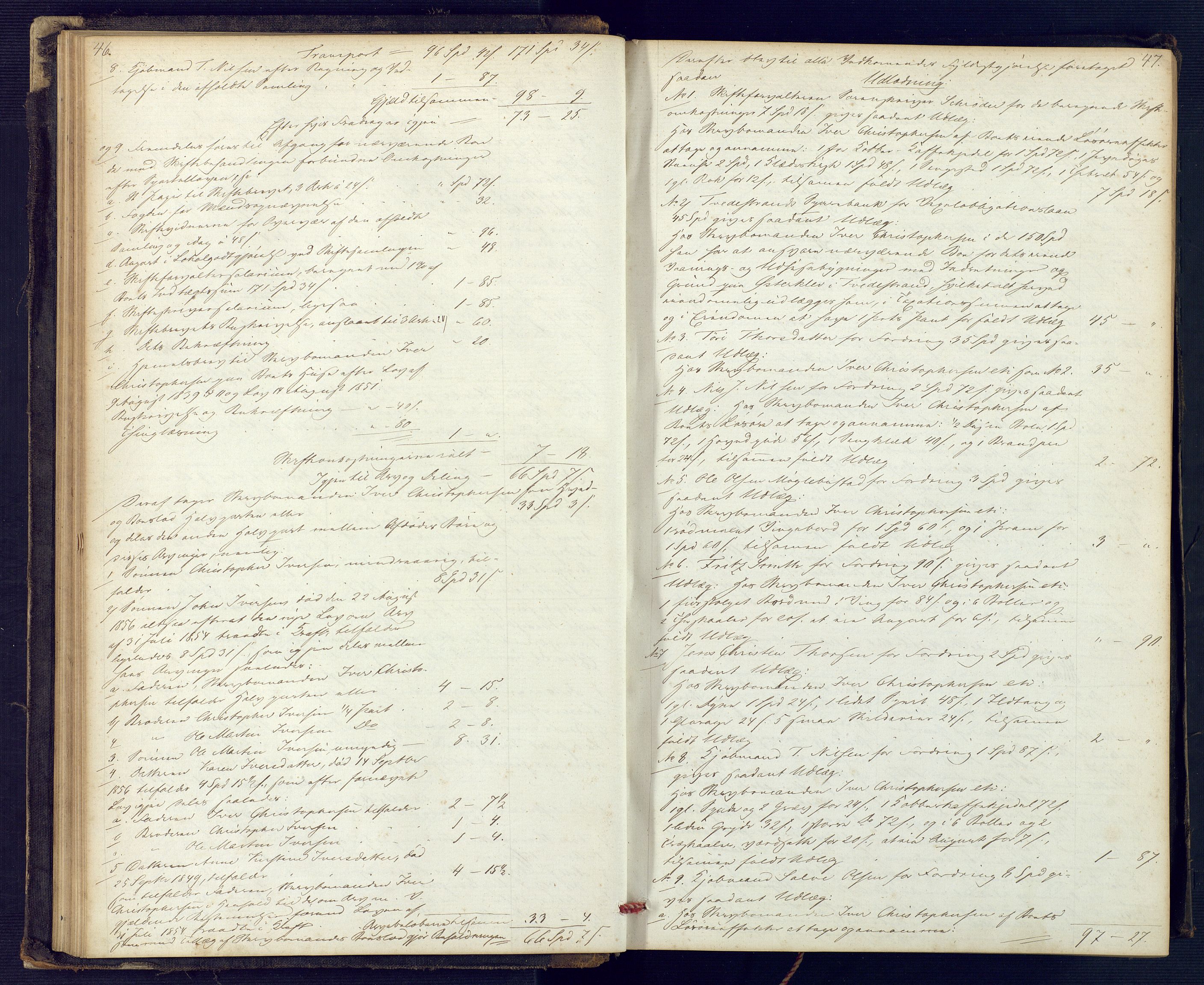 Holt sorenskriveri, SAK/1221-0002/H/Hc/L0029: Skifteutlodningsprotokoll nr. 4 med løst register, 1857-1862, p. 46-47