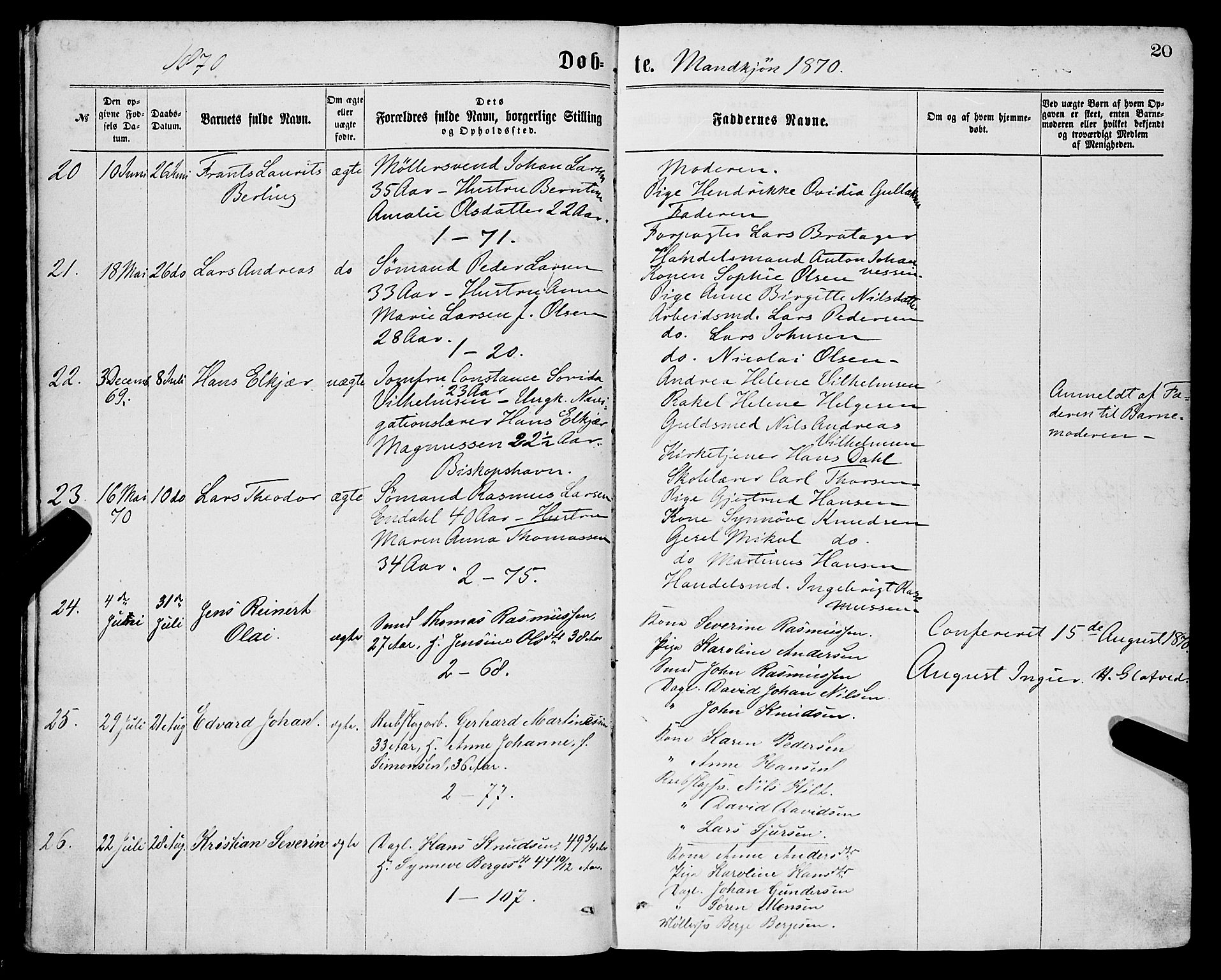 Sandviken Sokneprestembete, SAB/A-77601/H/Ha/L0001: Parish register (official) no. A 1, 1867-1877, p. 20