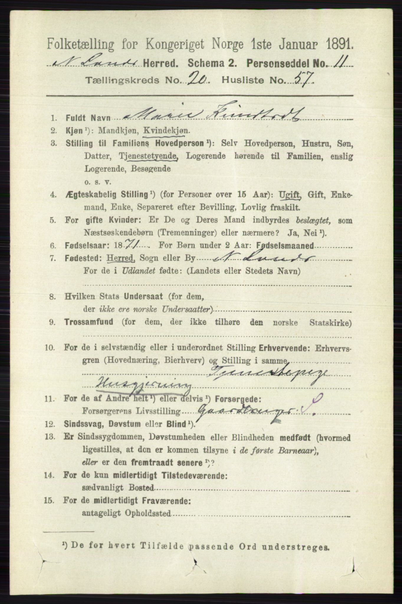 RA, 1891 census for 0538 Nordre Land, 1891, p. 5217