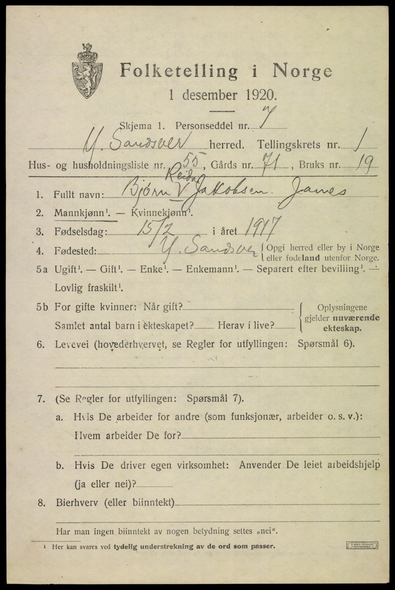 SAKO, 1920 census for Ytre Sandsvær, 1920, p. 1736