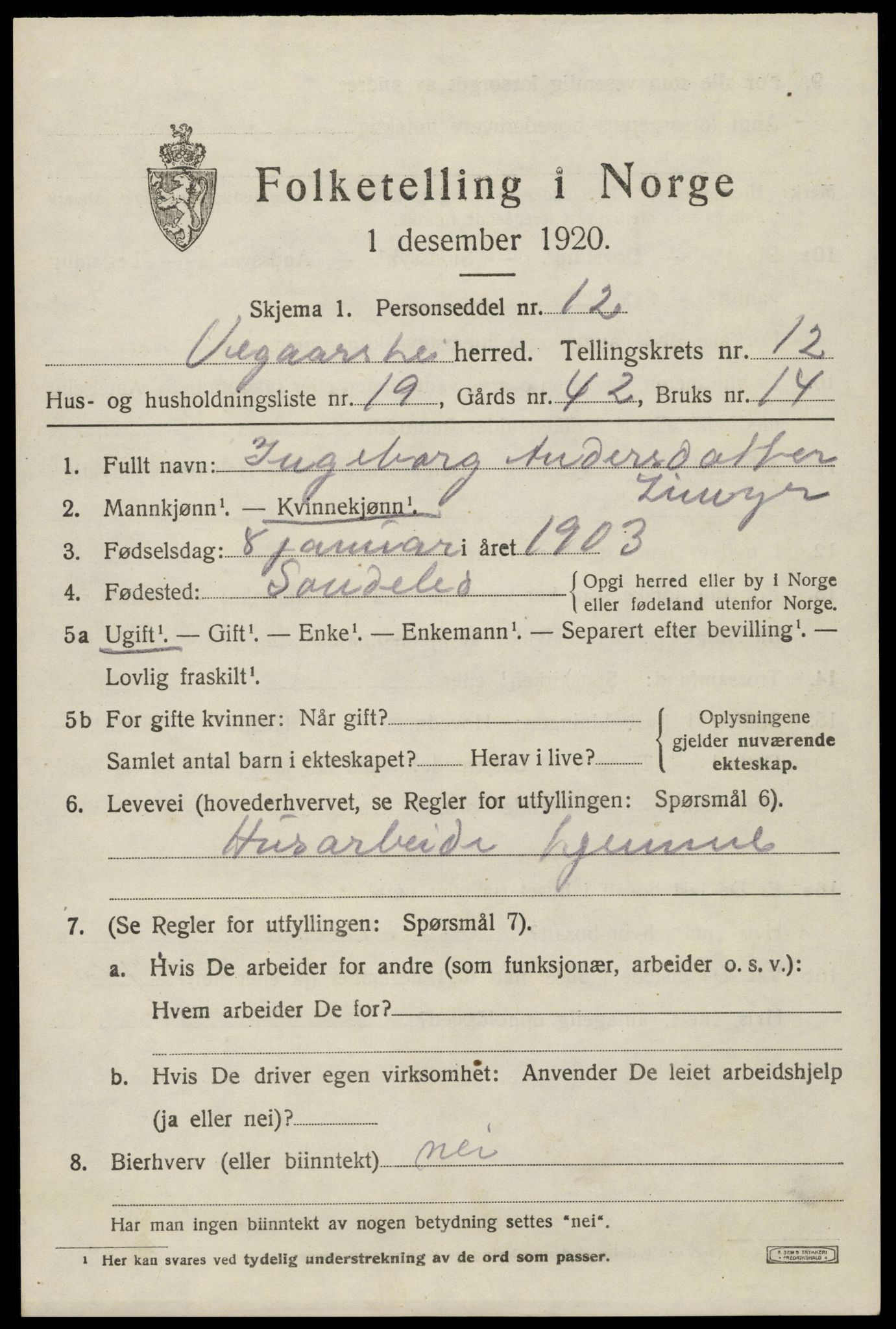 SAK, 1920 census for Vegårshei, 1920, p. 4032