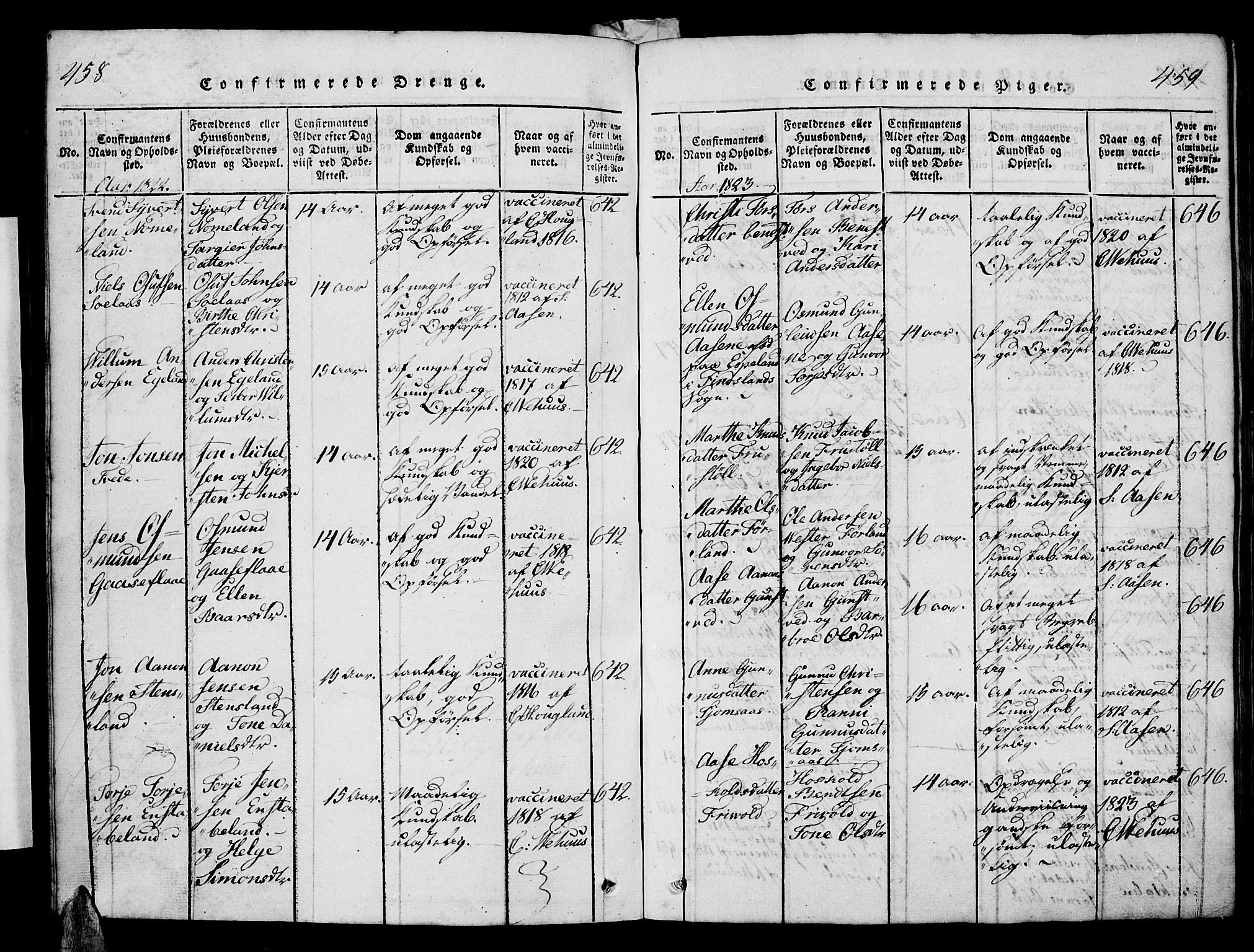 Vennesla sokneprestkontor, SAK/1111-0045/Fb/Fba/L0001: Parish register (copy) no. B 1, 1820-1834, p. 458-459