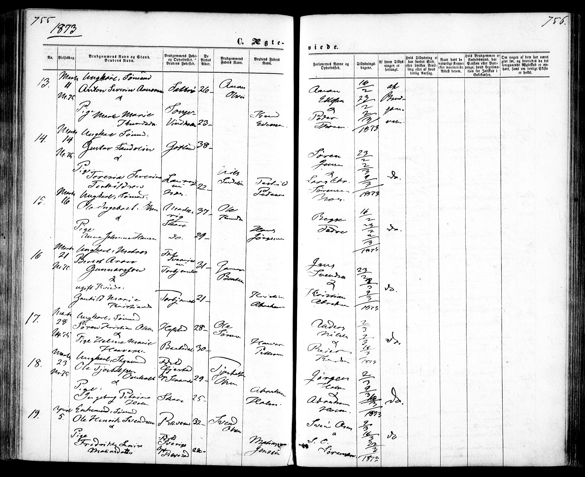 Tromøy sokneprestkontor, AV/SAK-1111-0041/F/Fa/L0008: Parish register (official) no. A 8, 1870-1877, p. 755-756