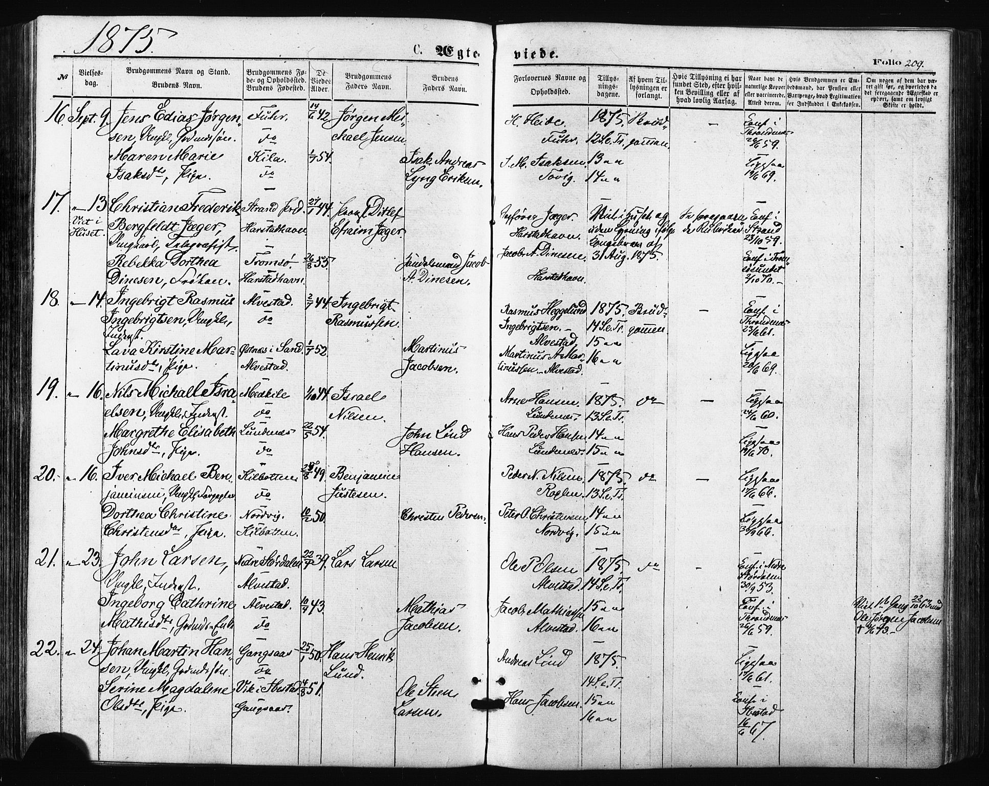 Trondenes sokneprestkontor, AV/SATØ-S-1319/H/Ha/L0013kirke: Parish register (official) no. 13, 1870-1878, p. 209