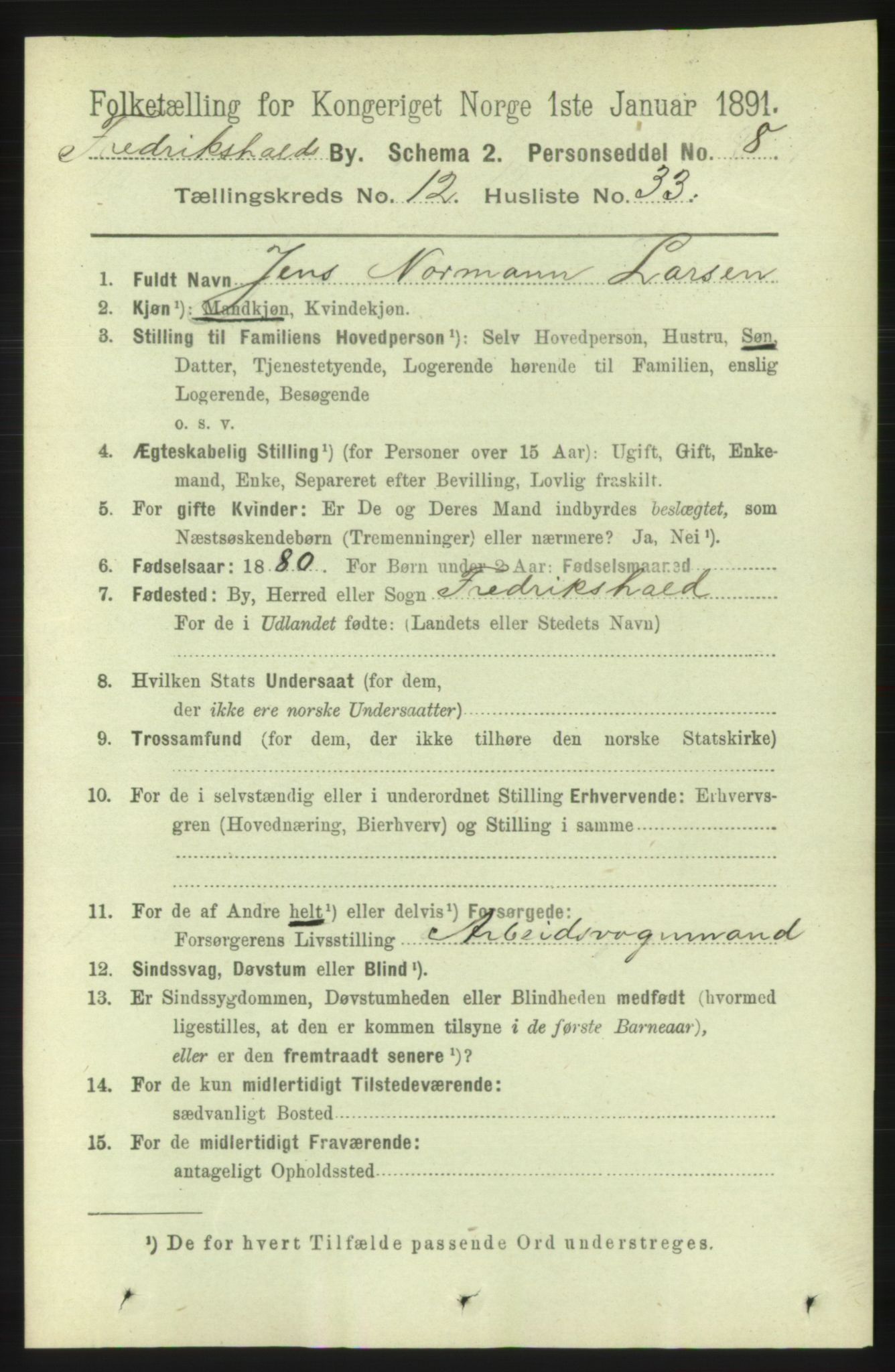 RA, 1891 census for 0101 Fredrikshald, 1891, p. 8709