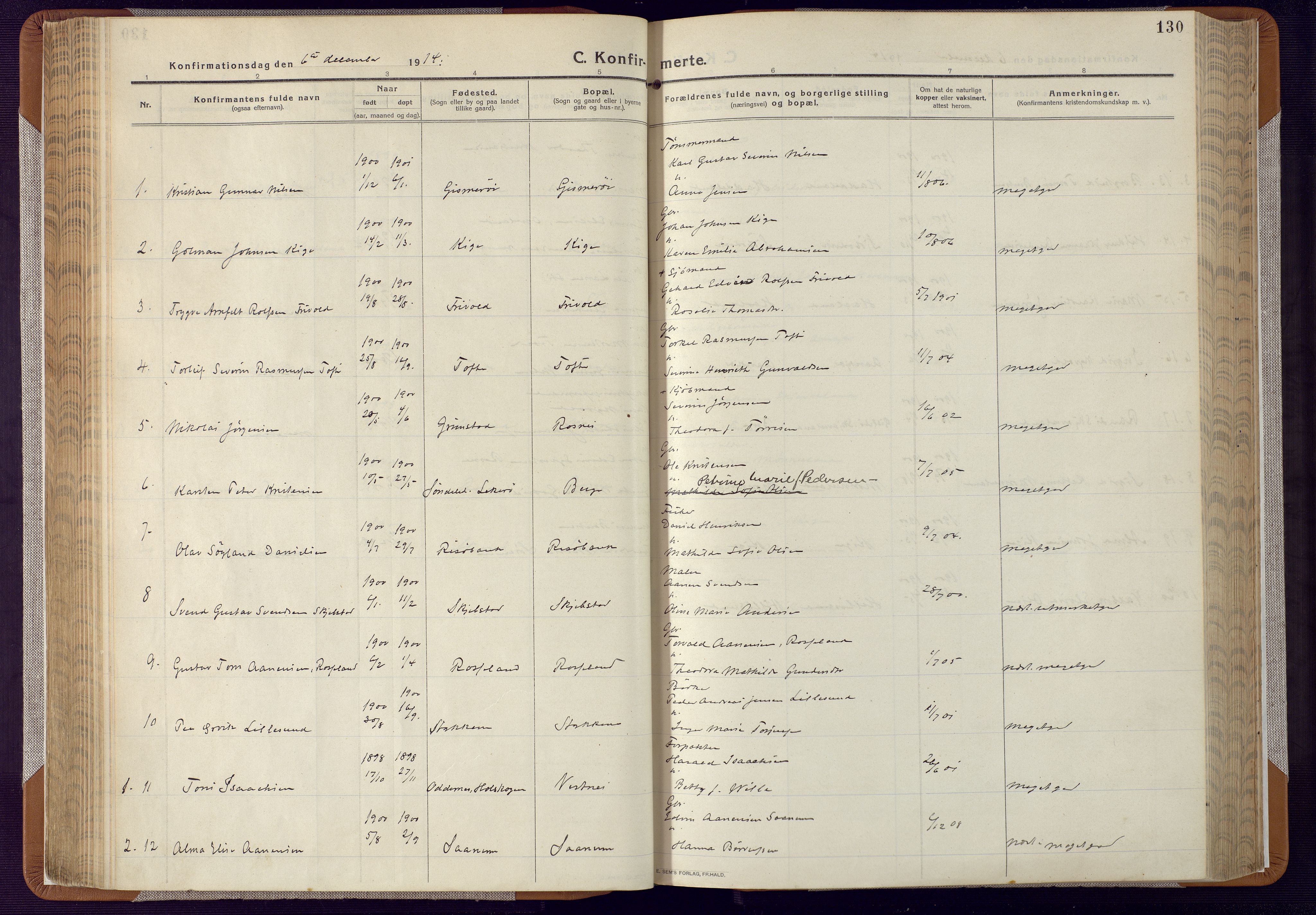 Mandal sokneprestkontor, AV/SAK-1111-0030/F/Fa/Faa/L0022: Parish register (official) no. A 22, 1913-1925, p. 130