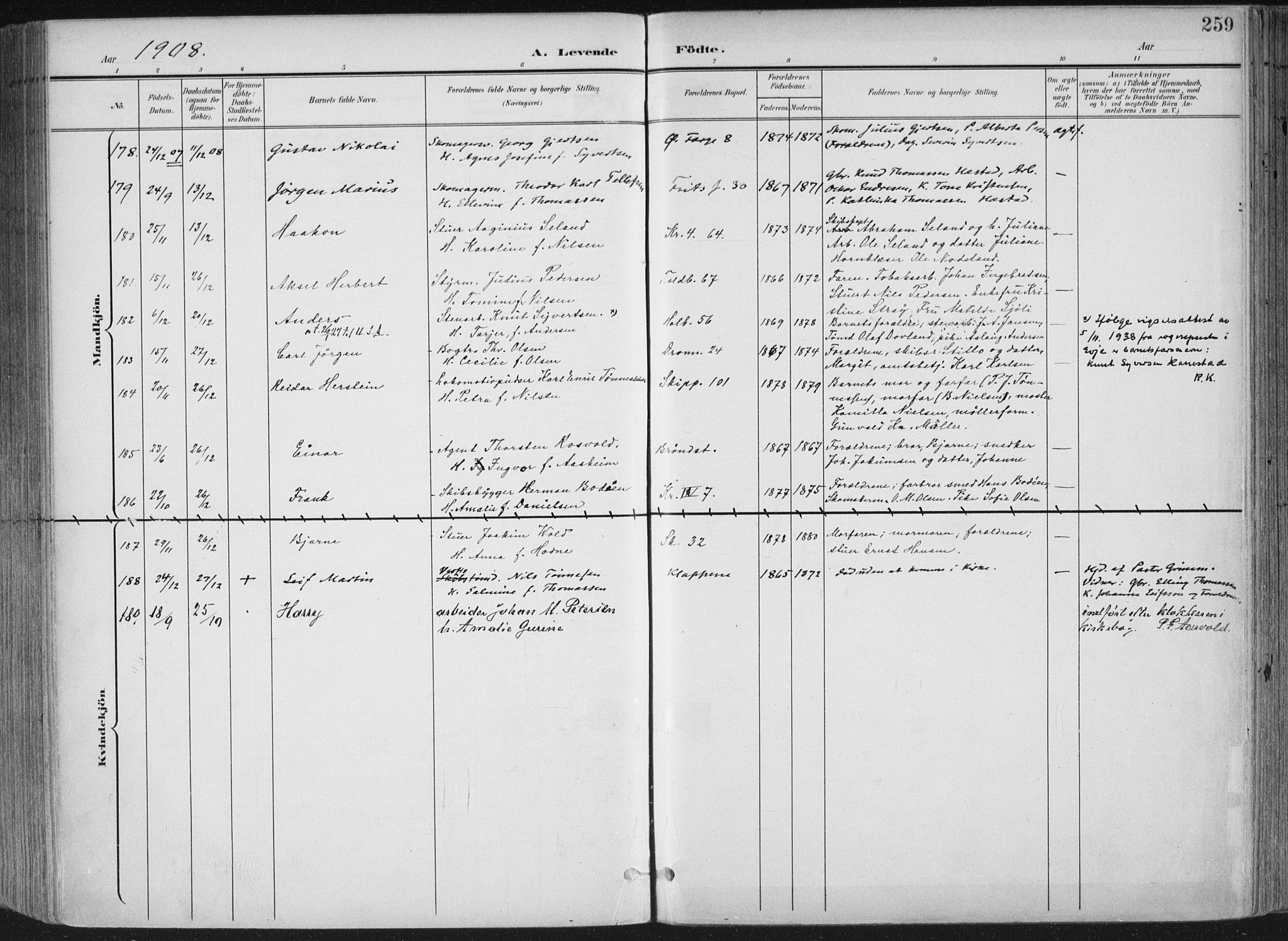 Kristiansand domprosti, SAK/1112-0006/F/Fa/L0021: Parish register (official) no. A 20, 1898-1908, p. 259