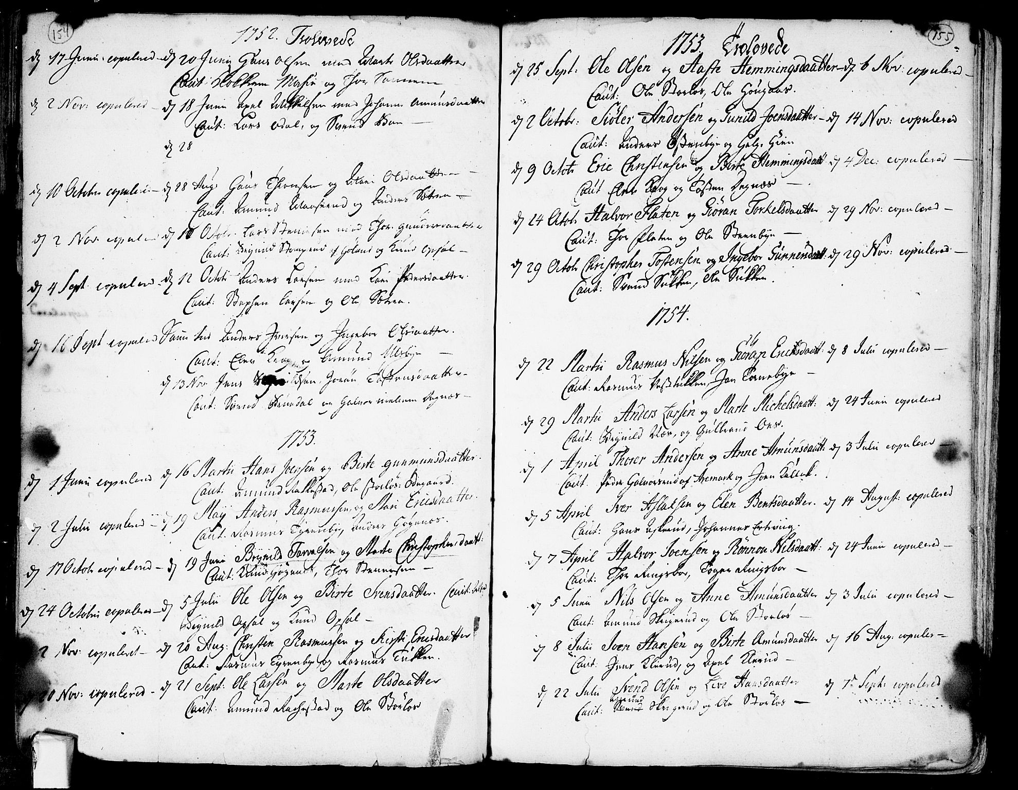 Rødenes prestekontor Kirkebøker, SAO/A-2005/F/Fa/L0002: Parish register (official) no. I 2, 1733-1776, p. 154-155