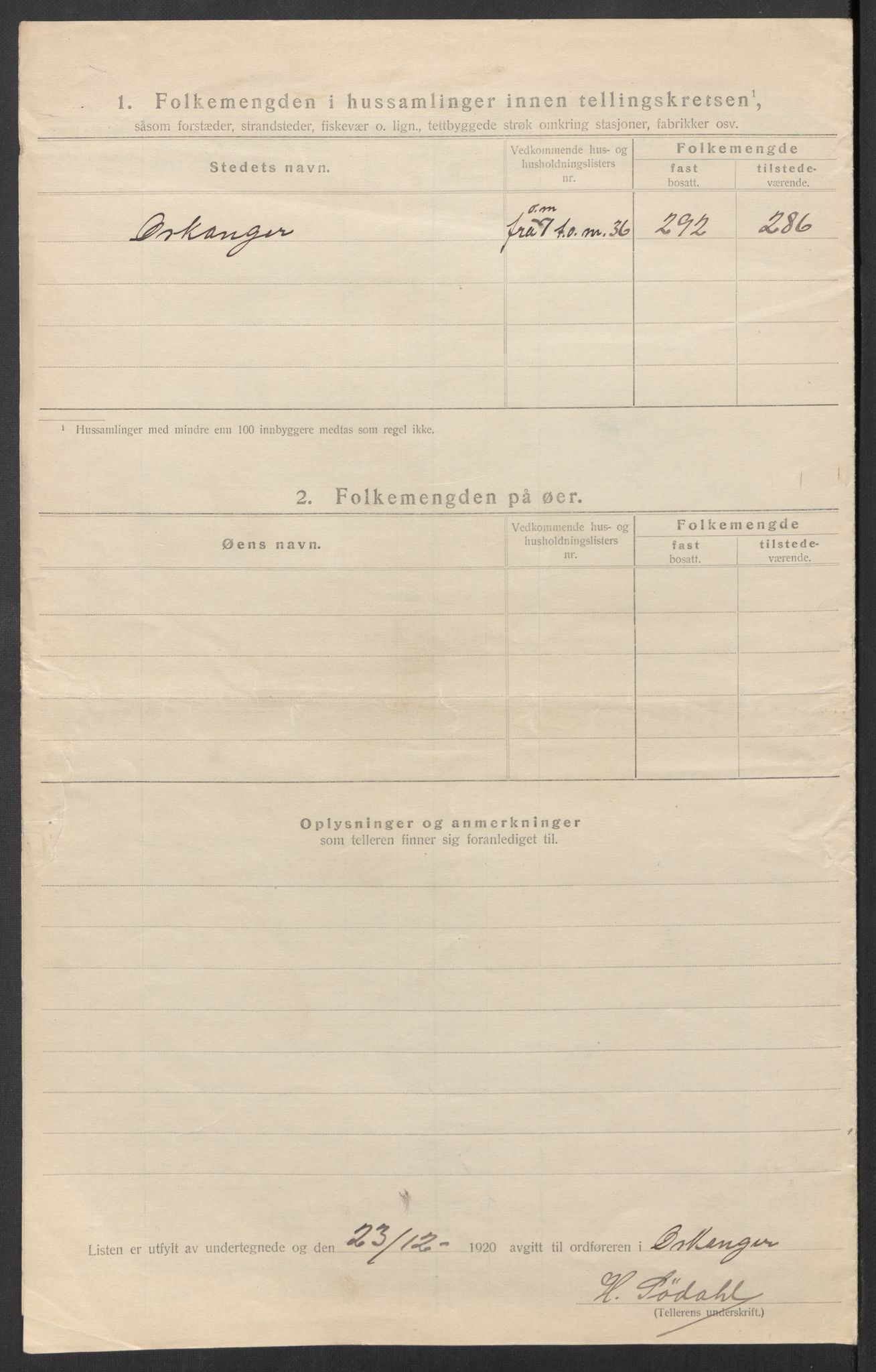 SAT, 1920 census for Orkanger, 1920, p. 22