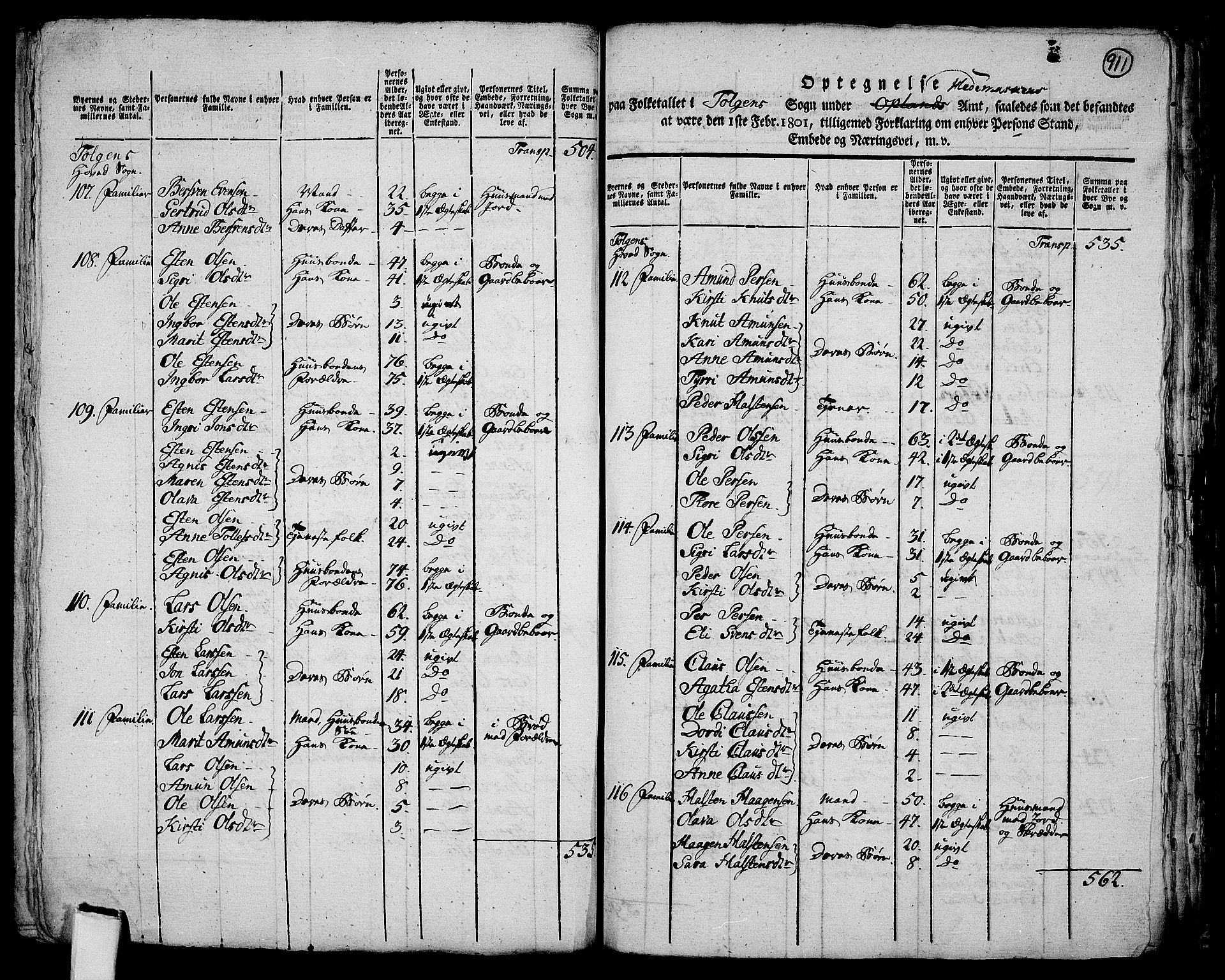 RA, 1801 census for 0436P Tolga, 1801, p. 910b-911a