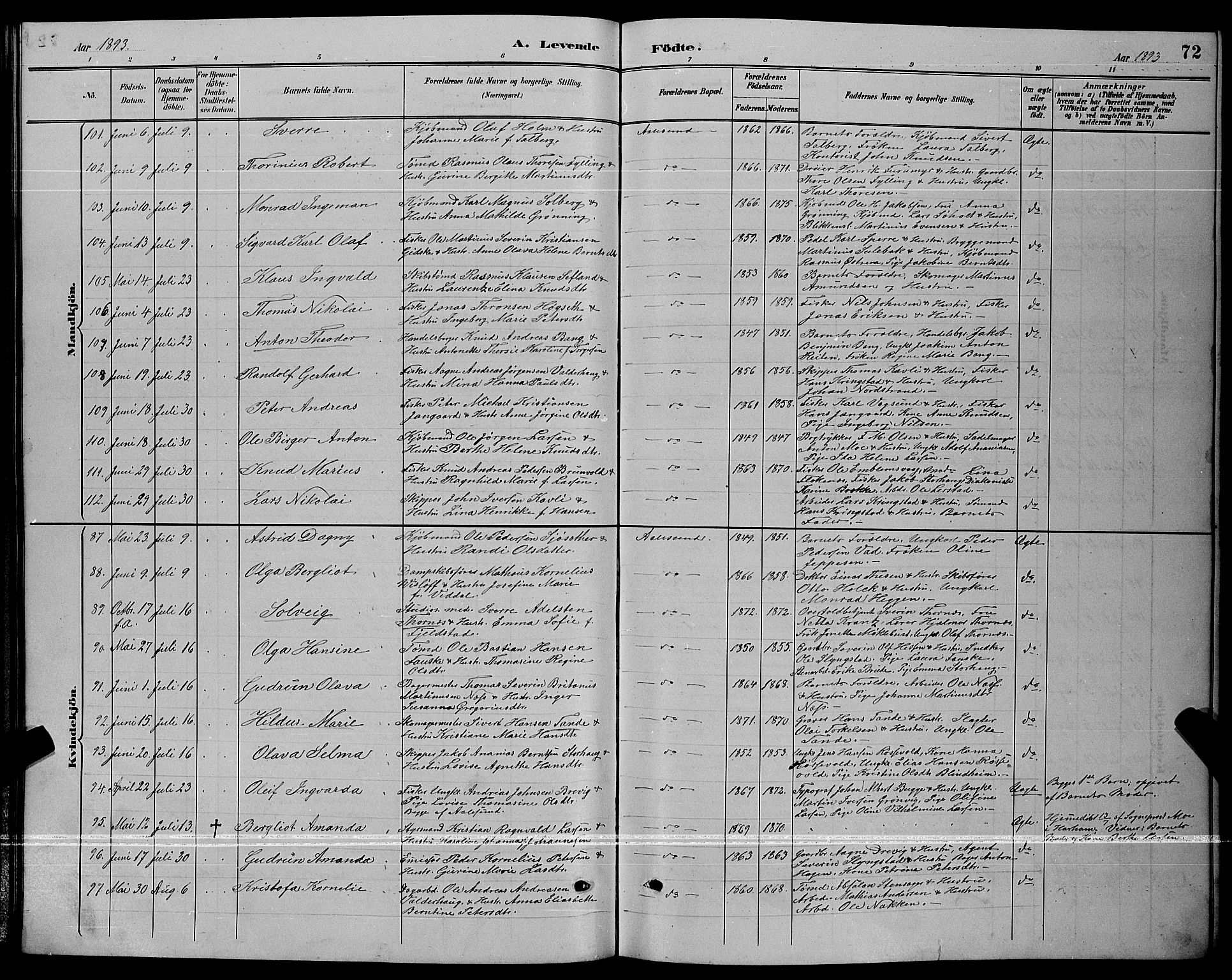 Ministerialprotokoller, klokkerbøker og fødselsregistre - Møre og Romsdal, AV/SAT-A-1454/529/L0467: Parish register (copy) no. 529C04, 1889-1897, p. 72