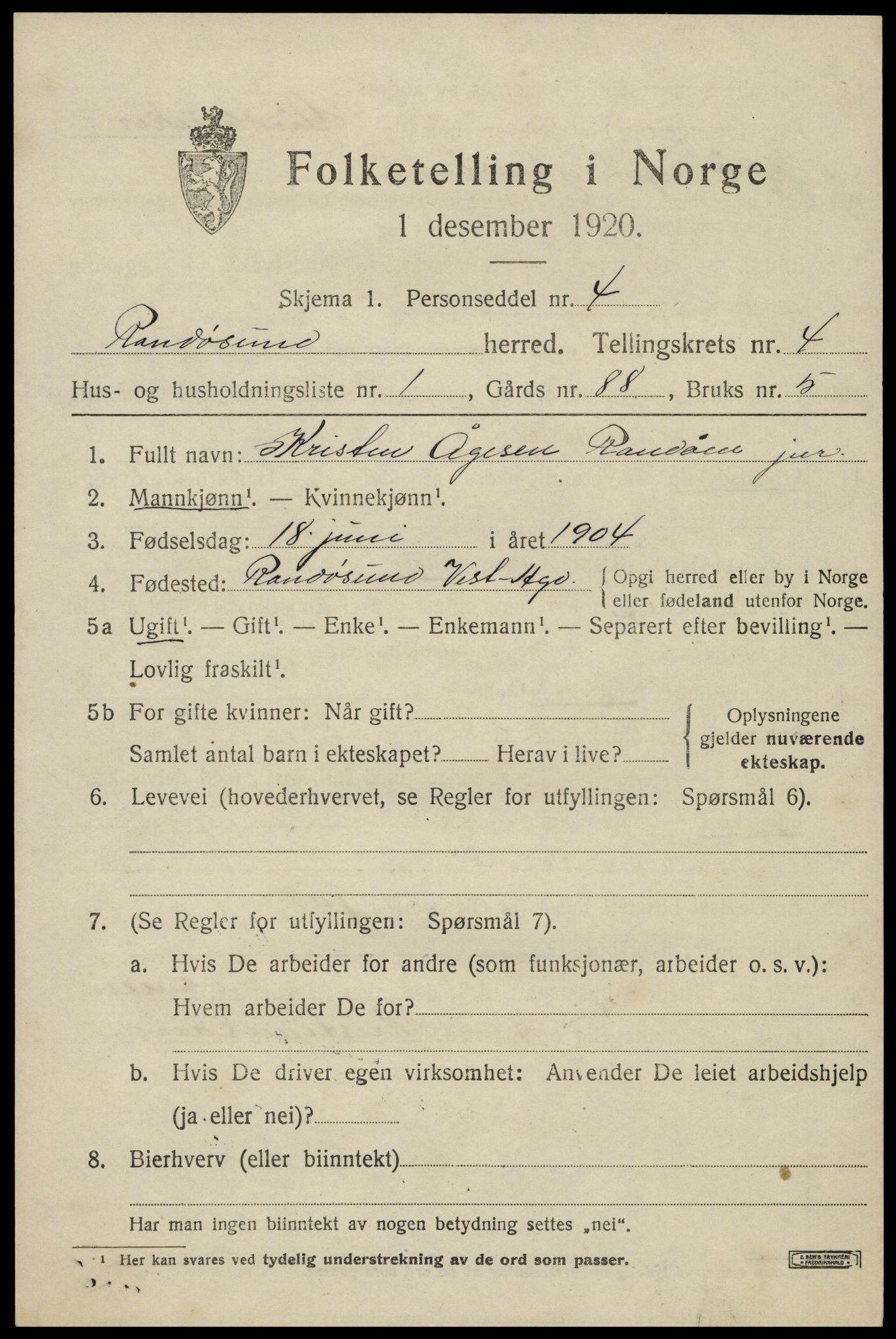 SAK, 1920 census for Randesund, 1920, p. 1786