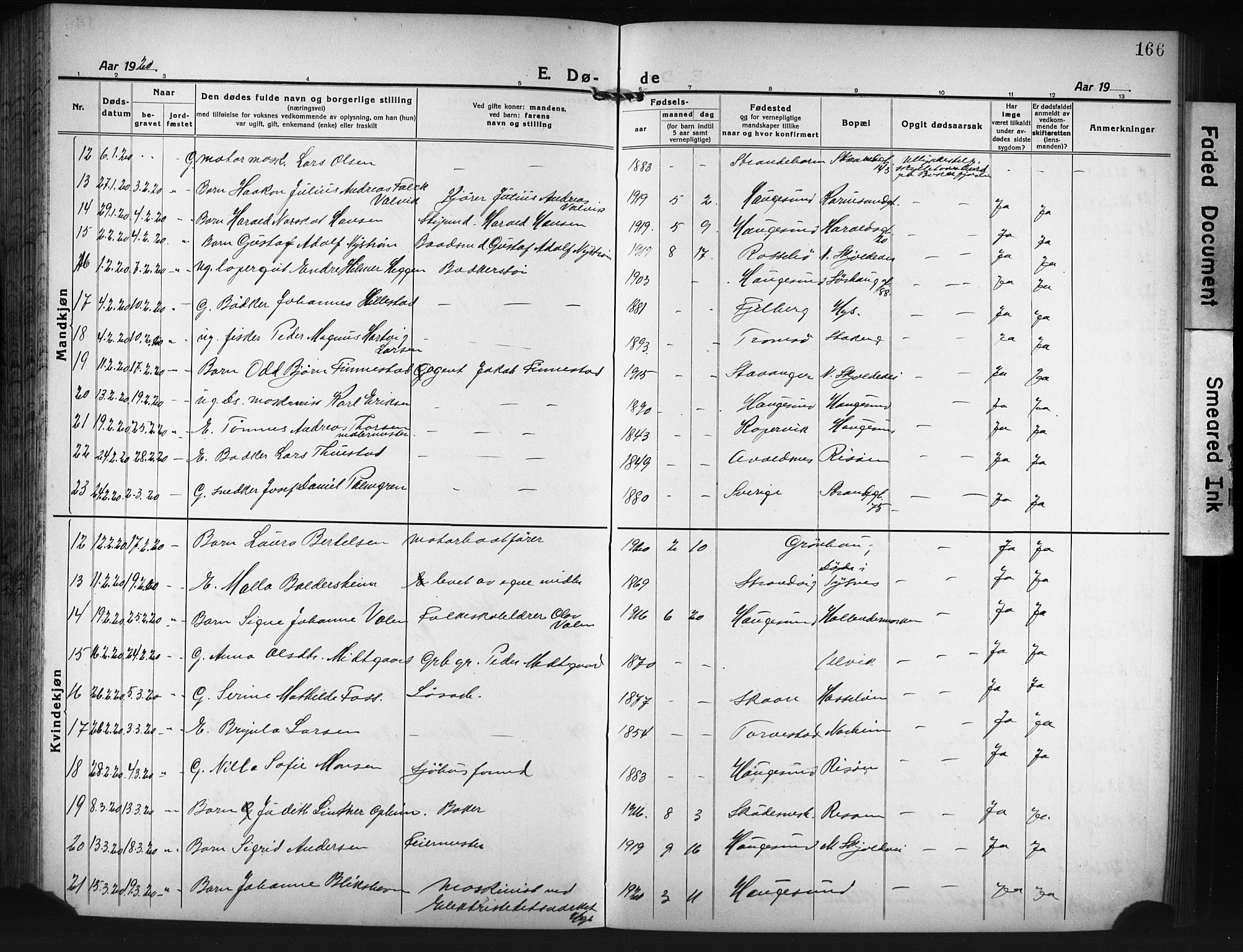 Haugesund sokneprestkontor, SAST/A -101863/H/Ha/Hab/L0010: Parish register (copy) no. B 10, 1920-1931, p. 166