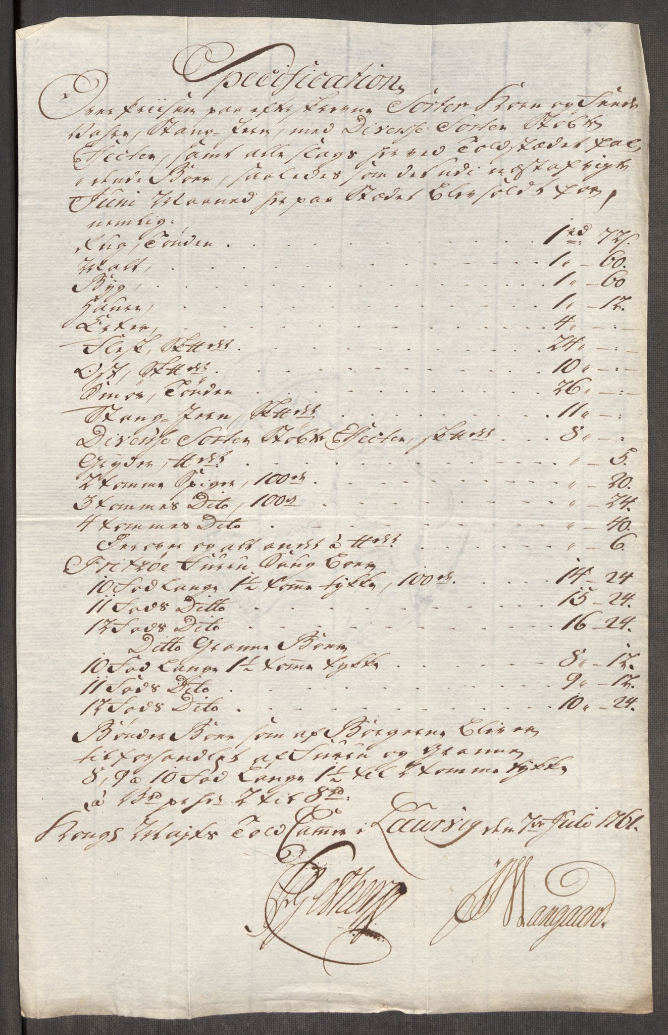Rentekammeret inntil 1814, Realistisk ordnet avdeling, RA/EA-4070/Oe/L0007: [Ø1]: Priskuranter, 1761-1763, p. 173