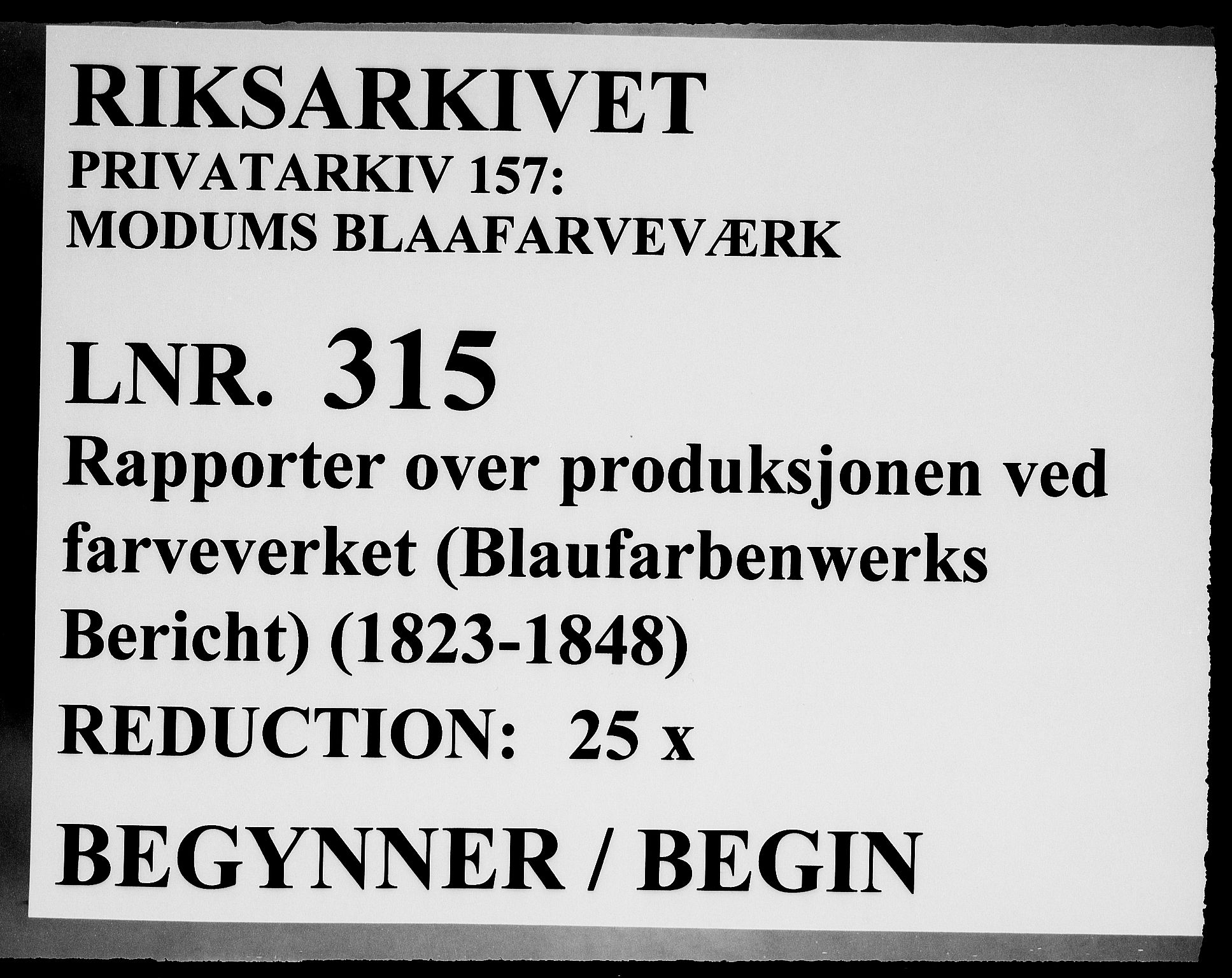 Modums Blaafarveværk, RA/PA-0157/G/Ge/L0315/0001: -- / Rapporter over produksjonen ved farveverket (Blaufarbenwerks Bericht), 1823-1848, p. 1