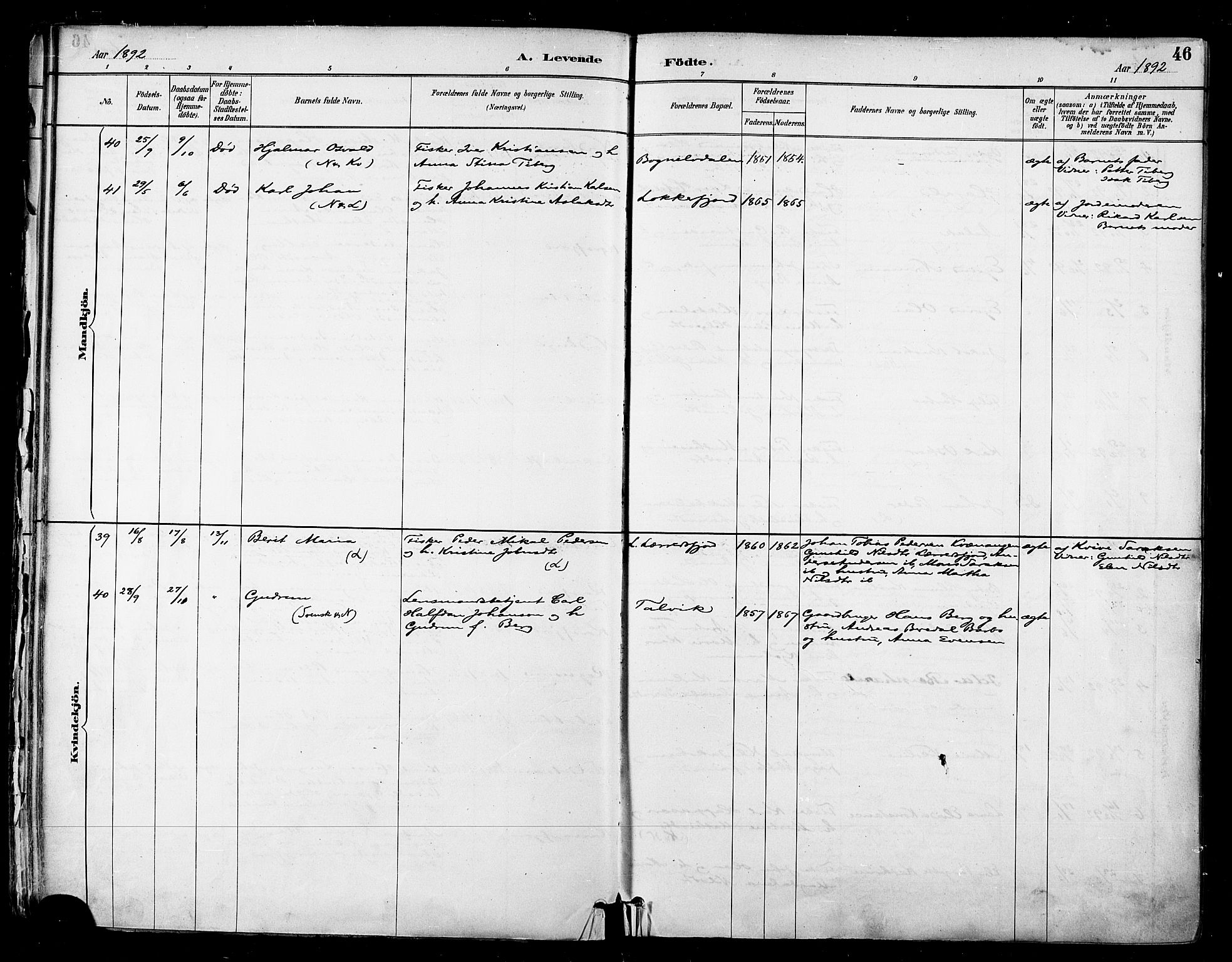 Talvik sokneprestkontor, AV/SATØ-S-1337/H/Ha/L0013kirke: Parish register (official) no. 13, 1886-1897, p. 46