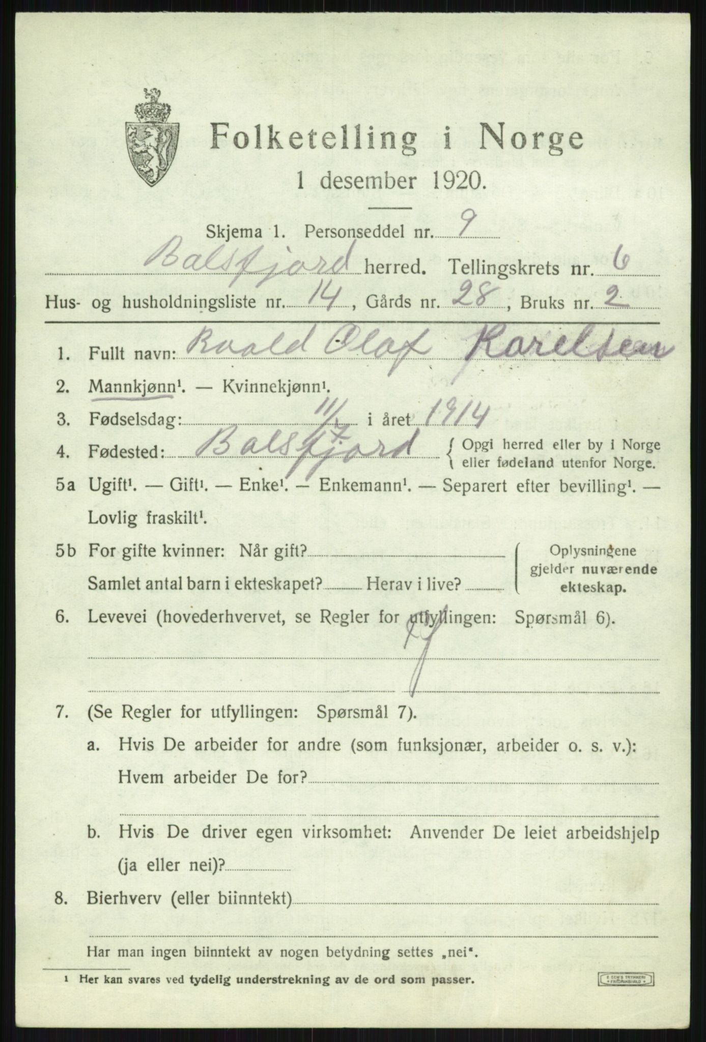 SATØ, 1920 census for Balsfjord, 1920, p. 3884