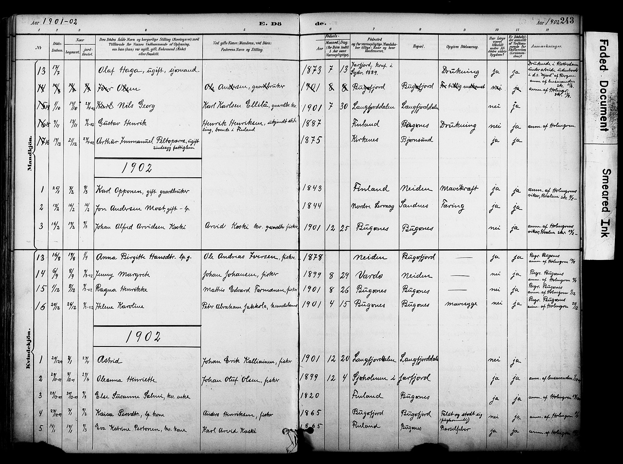 Sør-Varanger sokneprestkontor, AV/SATØ-S-1331/H/Ha/L0004kirke: Parish register (official) no. 4, 1891-1908, p. 243