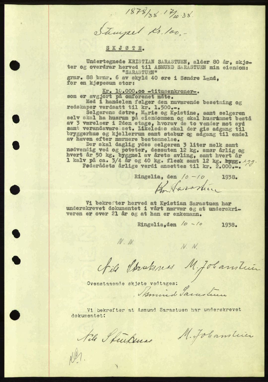 Hadeland og Land tingrett, AV/SAH-TING-010/H/Hb/Hbb/L0077: Mortgage book no. A77, 1938-1939, Diary no: : 1878/1938