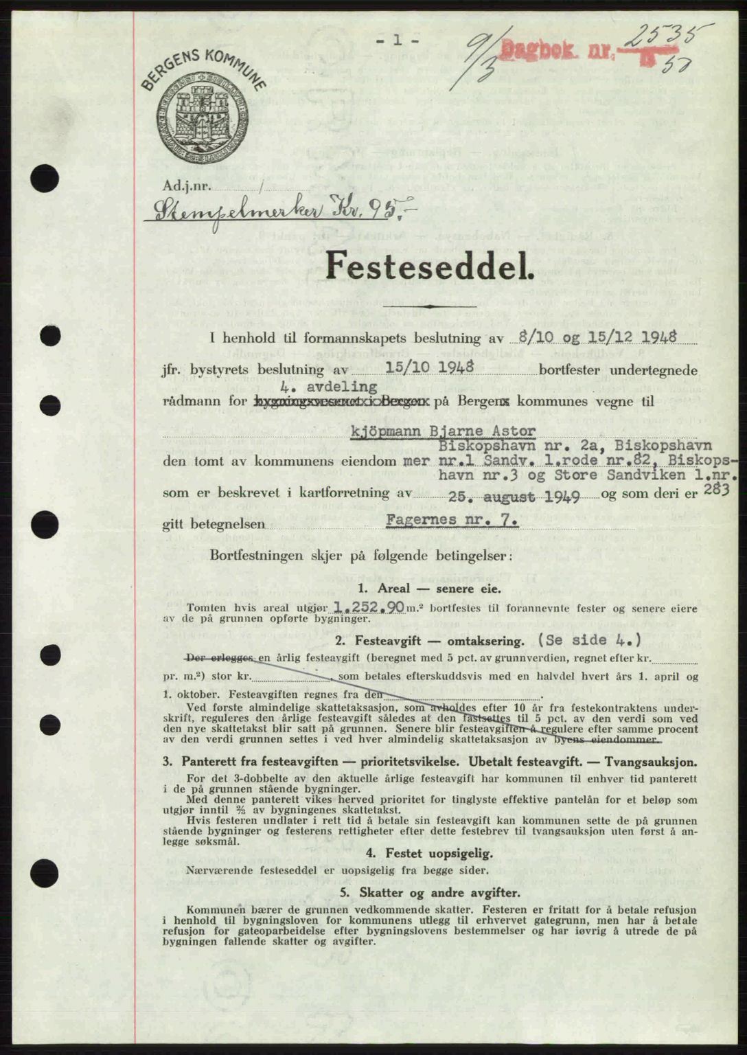 Byfogd og Byskriver i Bergen, AV/SAB-A-3401/03/03Bc/L0032: Mortgage book no. A26, 1950-1950, Diary no: : 2535/1950