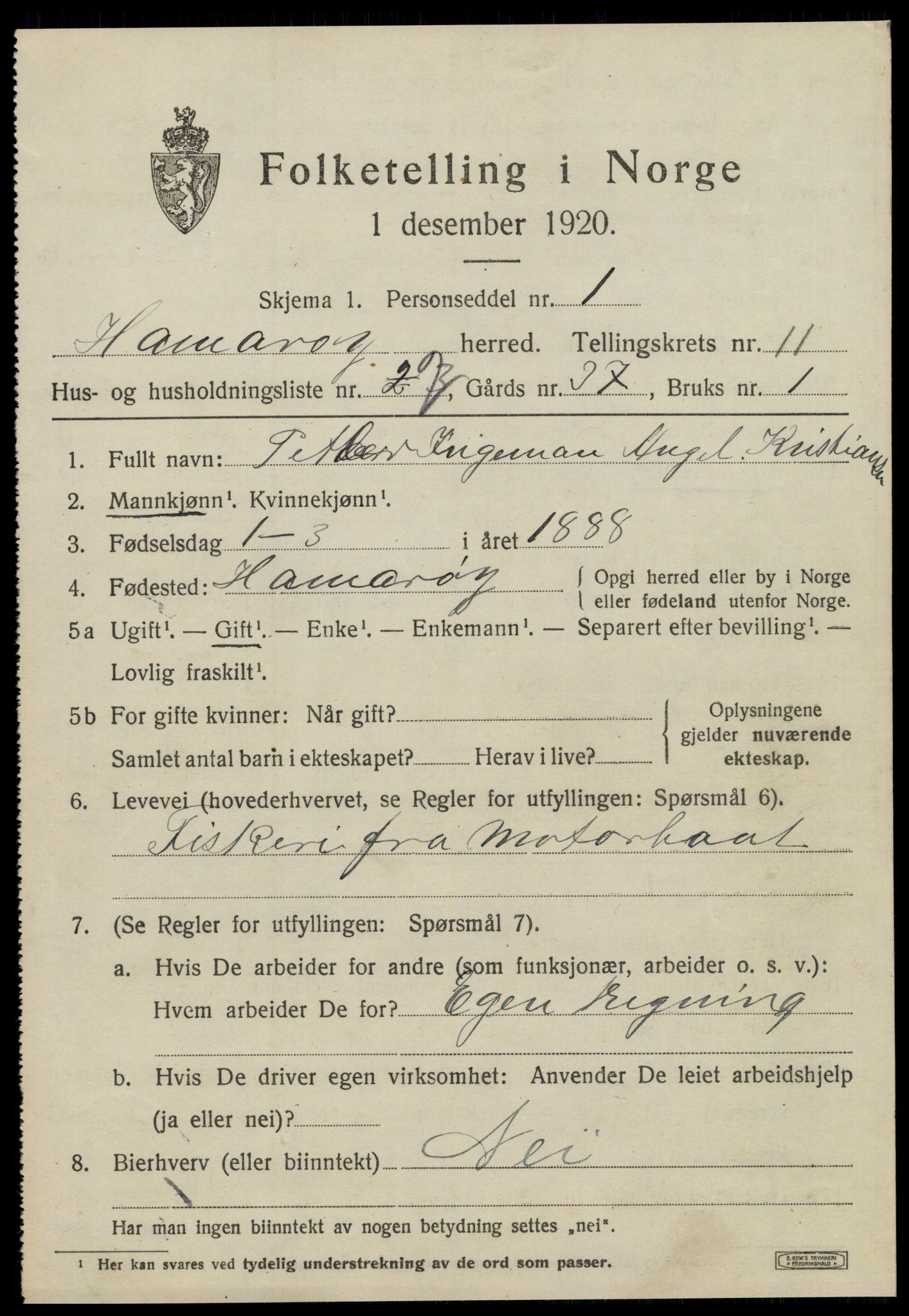 SAT, 1920 census for Hamarøy, 1920, p. 5228