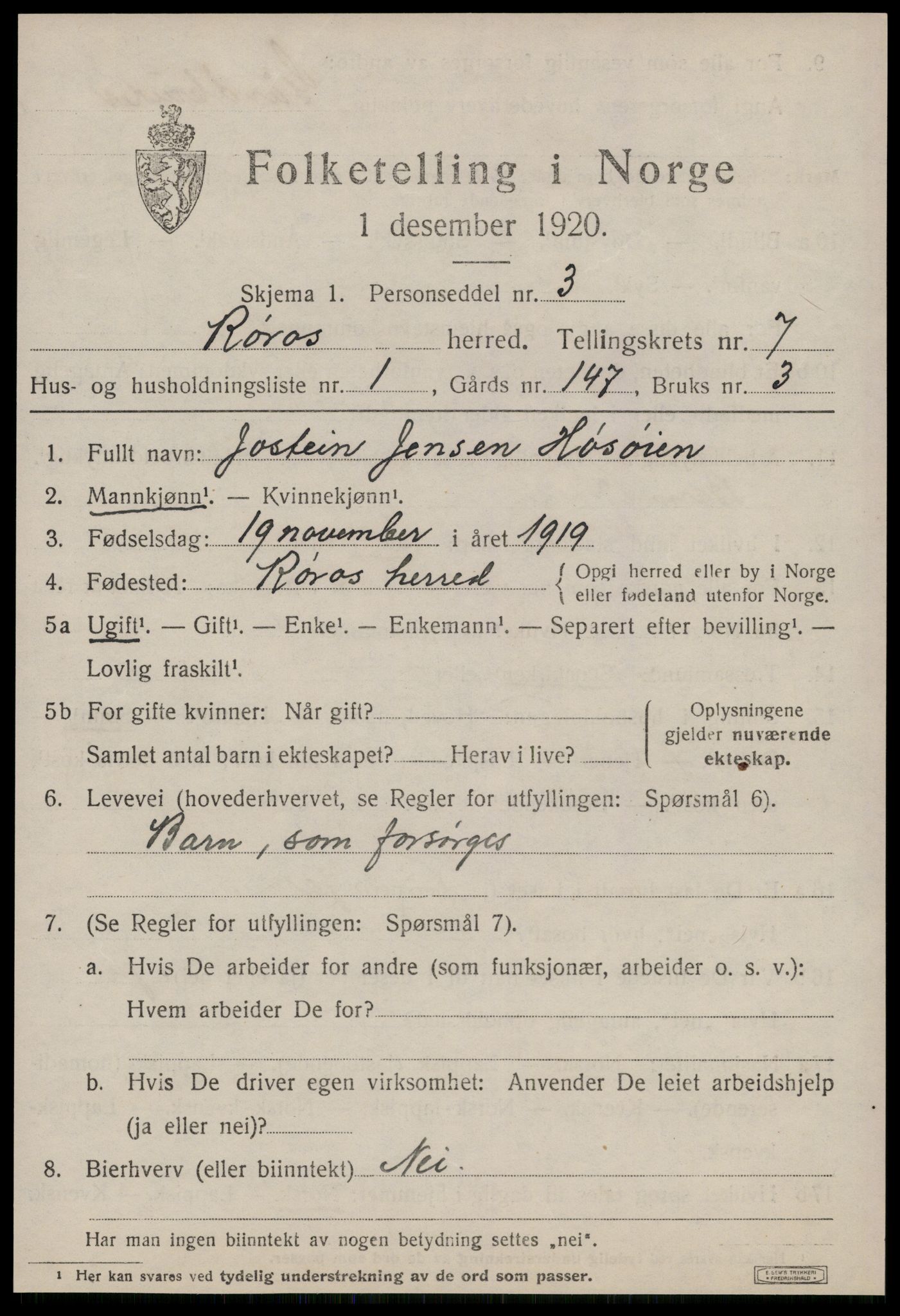 SAT, 1920 census for Røros, 1920, p. 6912