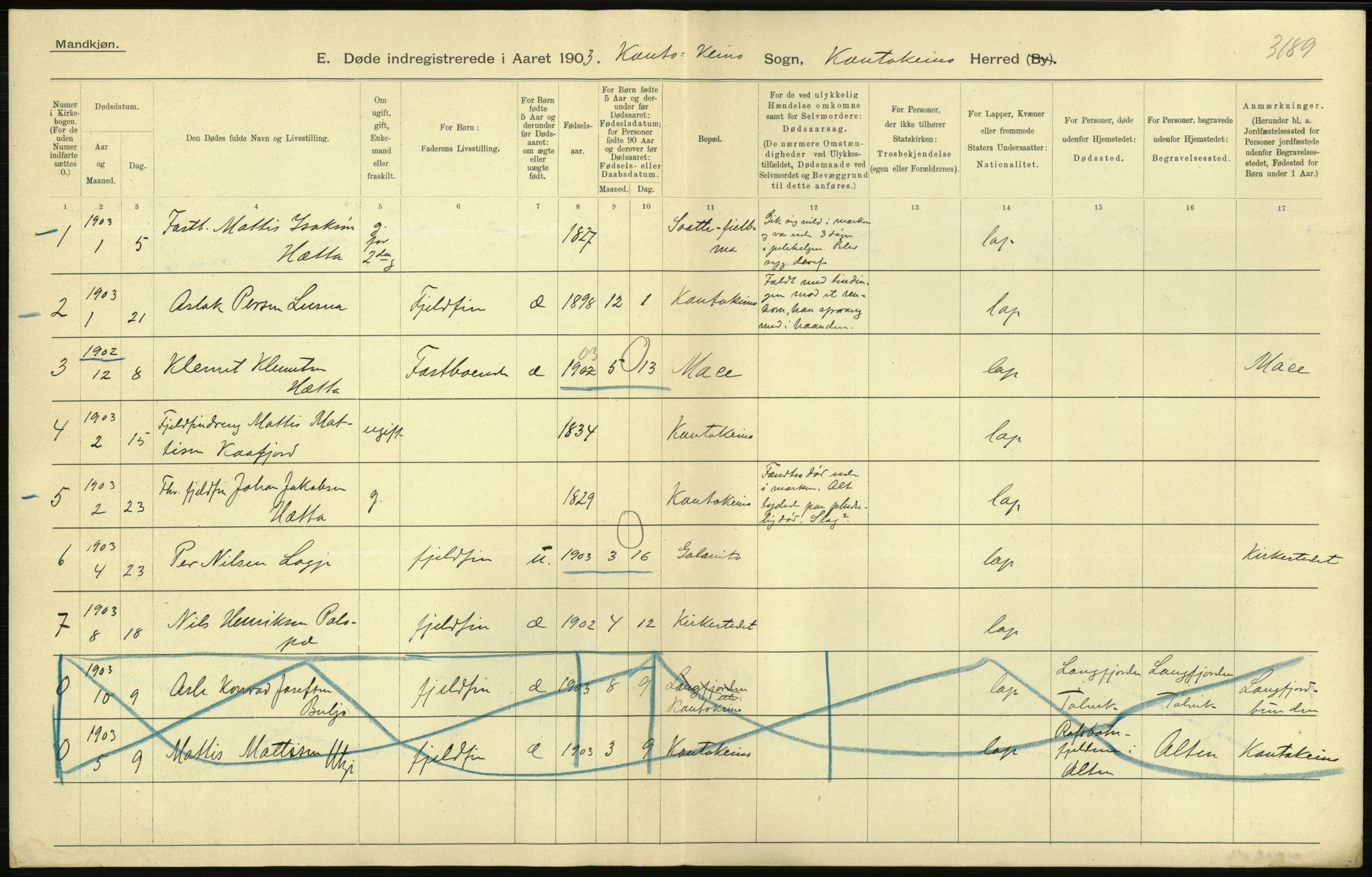 Statistisk sentralbyrå, Sosiodemografiske emner, Befolkning, AV/RA-S-2228/D/Df/Dfa/Dfaa/L0022: Finnmarkens amt: Fødte, gifte, døde., 1903, p. 210