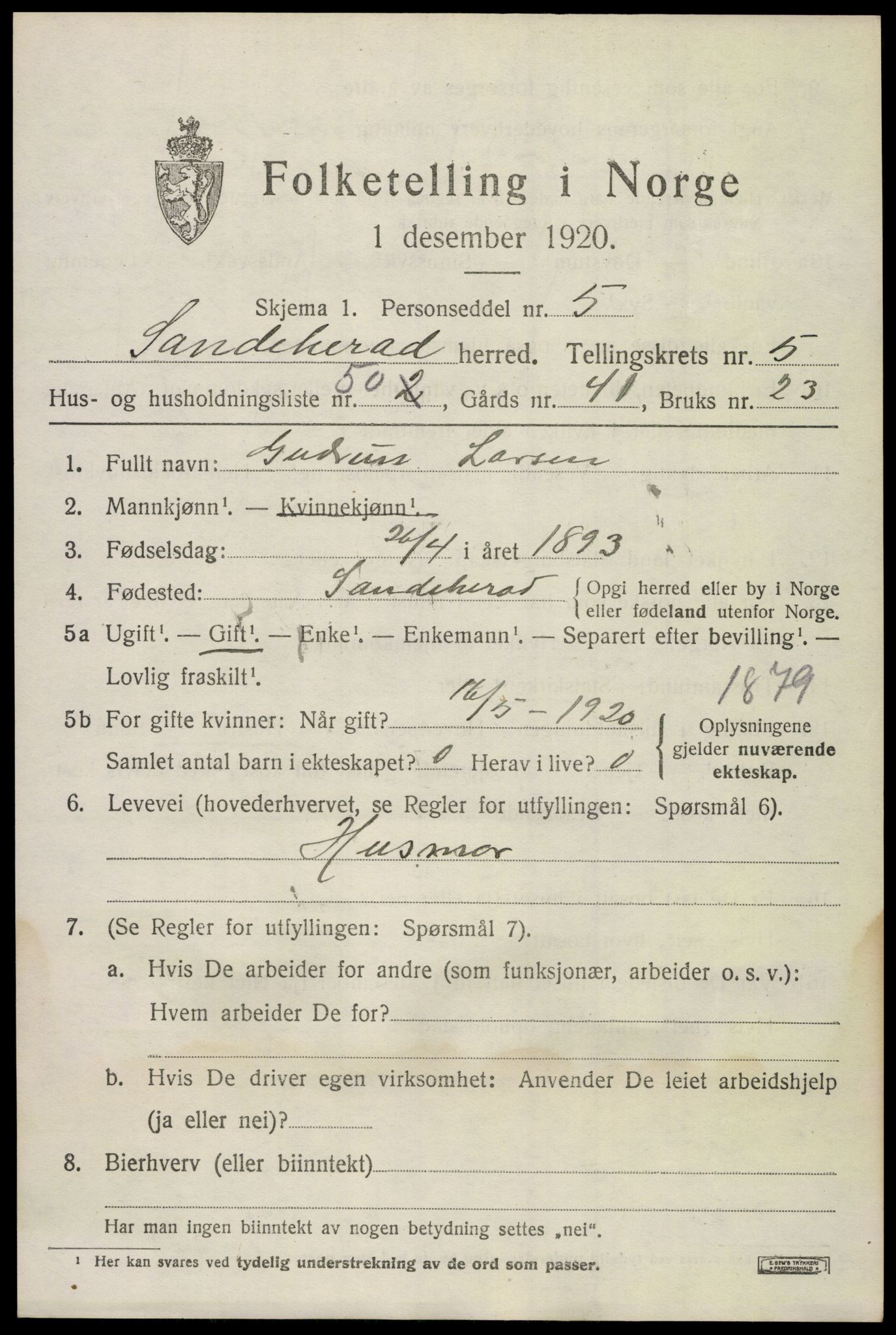 SAKO, 1920 census for Sandeherred, 1920, p. 8652