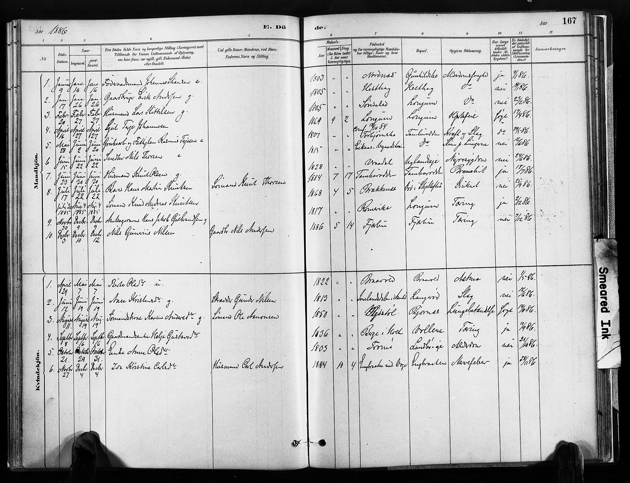 Austre Moland sokneprestkontor, SAK/1111-0001/F/Fa/Faa/L0010: Parish register (official) no. A 10, 1880-1904, p. 167