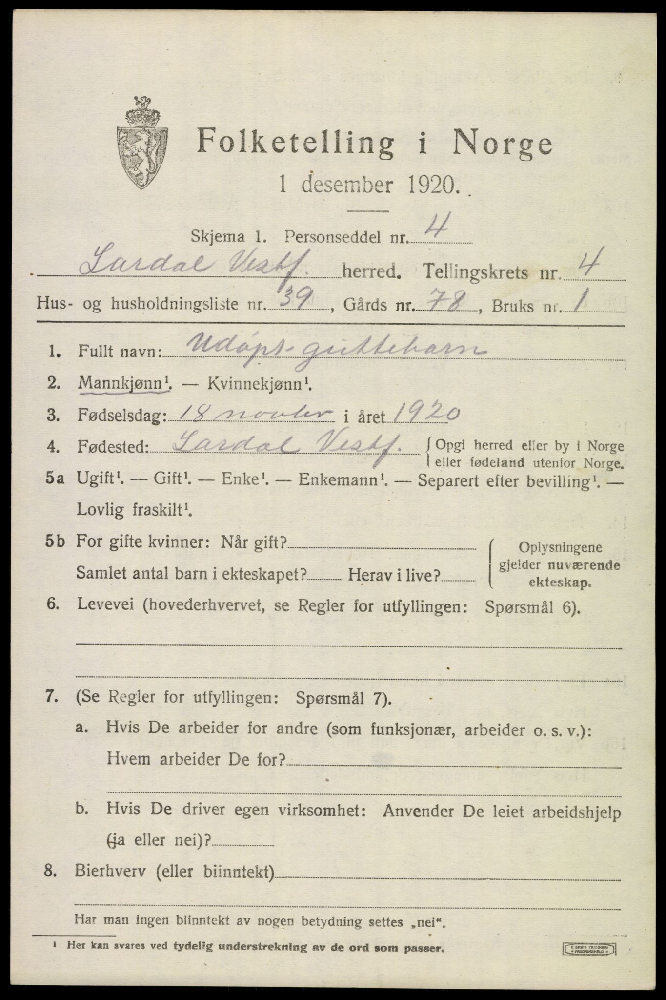 SAKO, 1920 census for Lardal, 1920, p. 4003