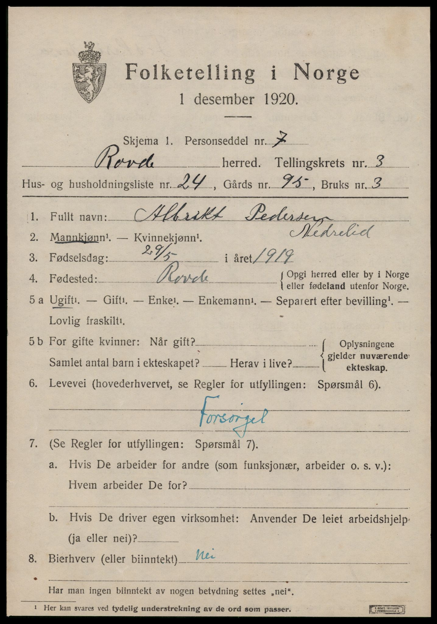 SAT, 1920 census for Rovde, 1920, p. 1275