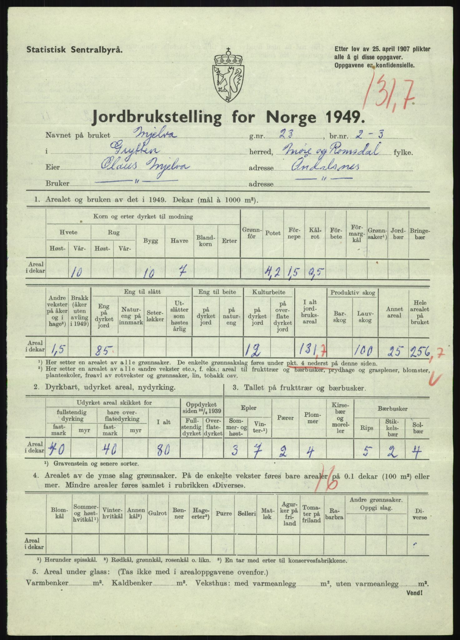 Statistisk sentralbyrå, Næringsøkonomiske emner, Jordbruk, skogbruk, jakt, fiske og fangst, AV/RA-S-2234/G/Gc/L0323: Møre og Romsdal: Grytten og Hen, 1949, p. 369