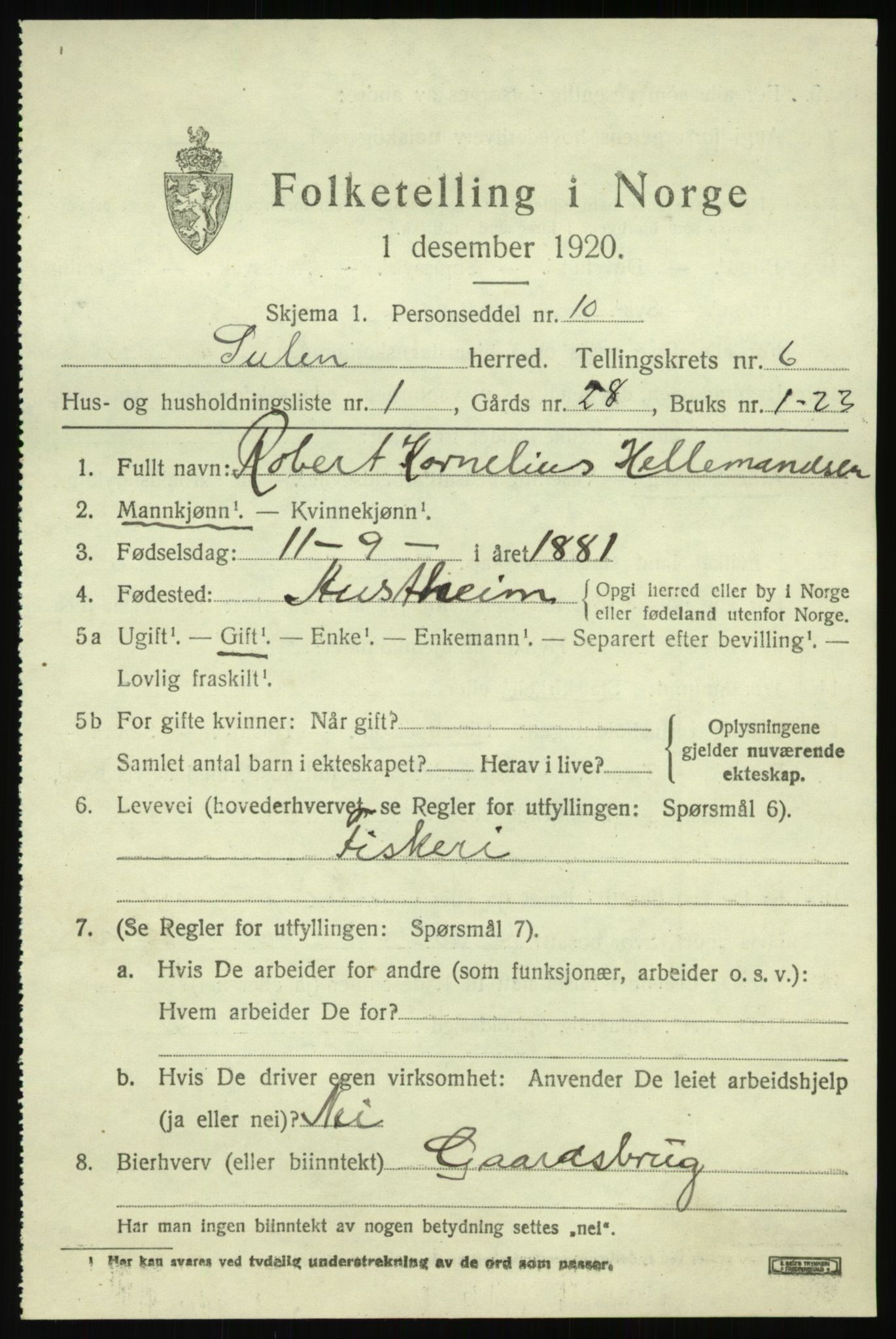 SAB, 1920 census for Solund, 1920, p. 2454