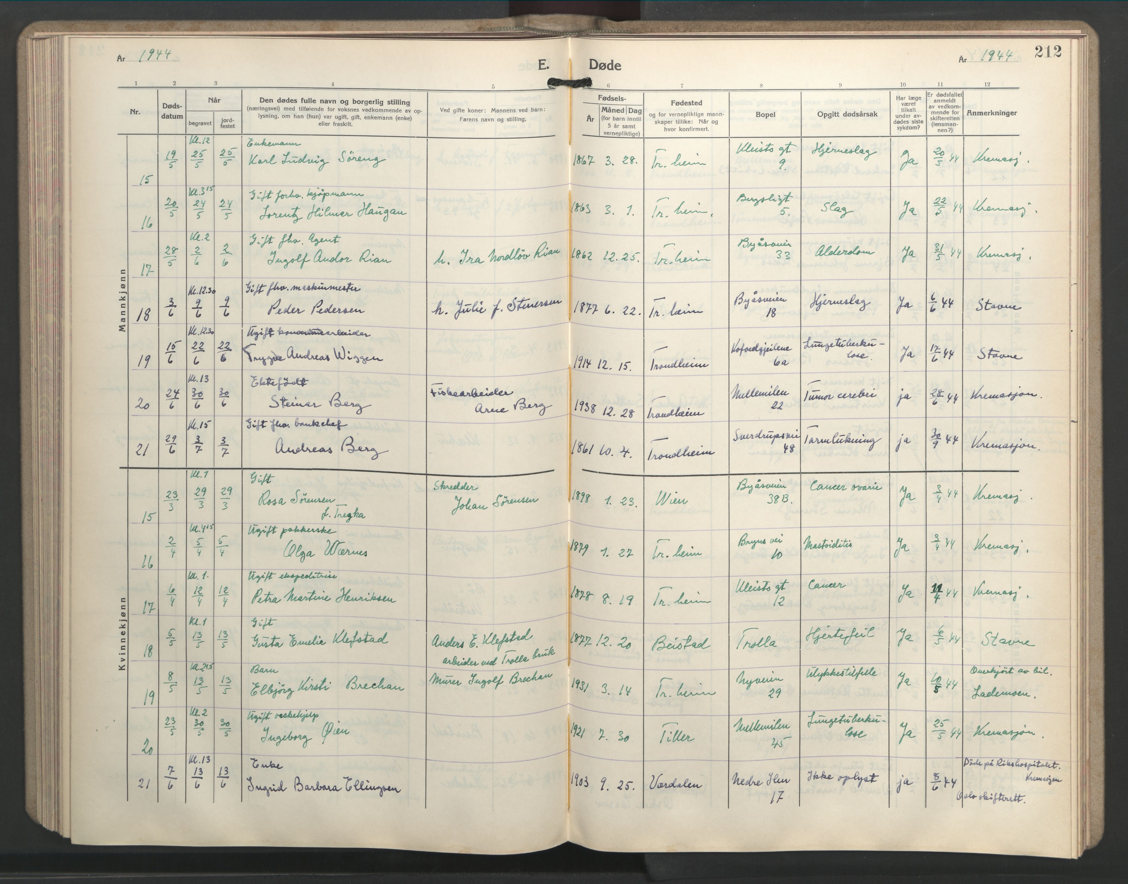 Ministerialprotokoller, klokkerbøker og fødselsregistre - Sør-Trøndelag, AV/SAT-A-1456/603/L0177: Parish register (copy) no. 603C05, 1941-1952, p. 212