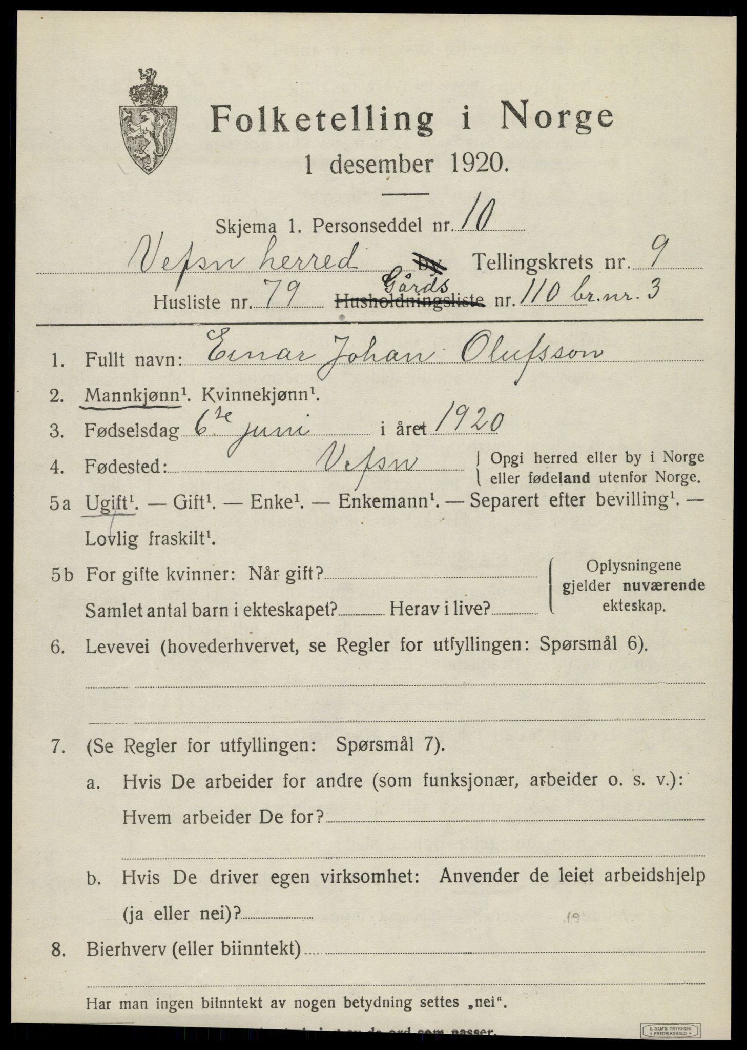 SAT, 1920 census for Vefsn, 1920, p. 6883