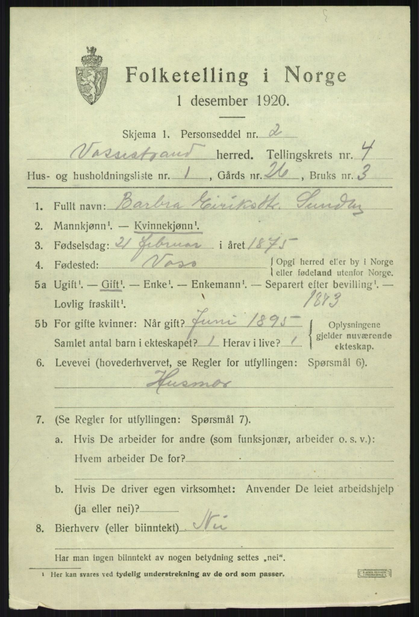 SAB, 1920 census for Vossestrand, 1920, p. 1996