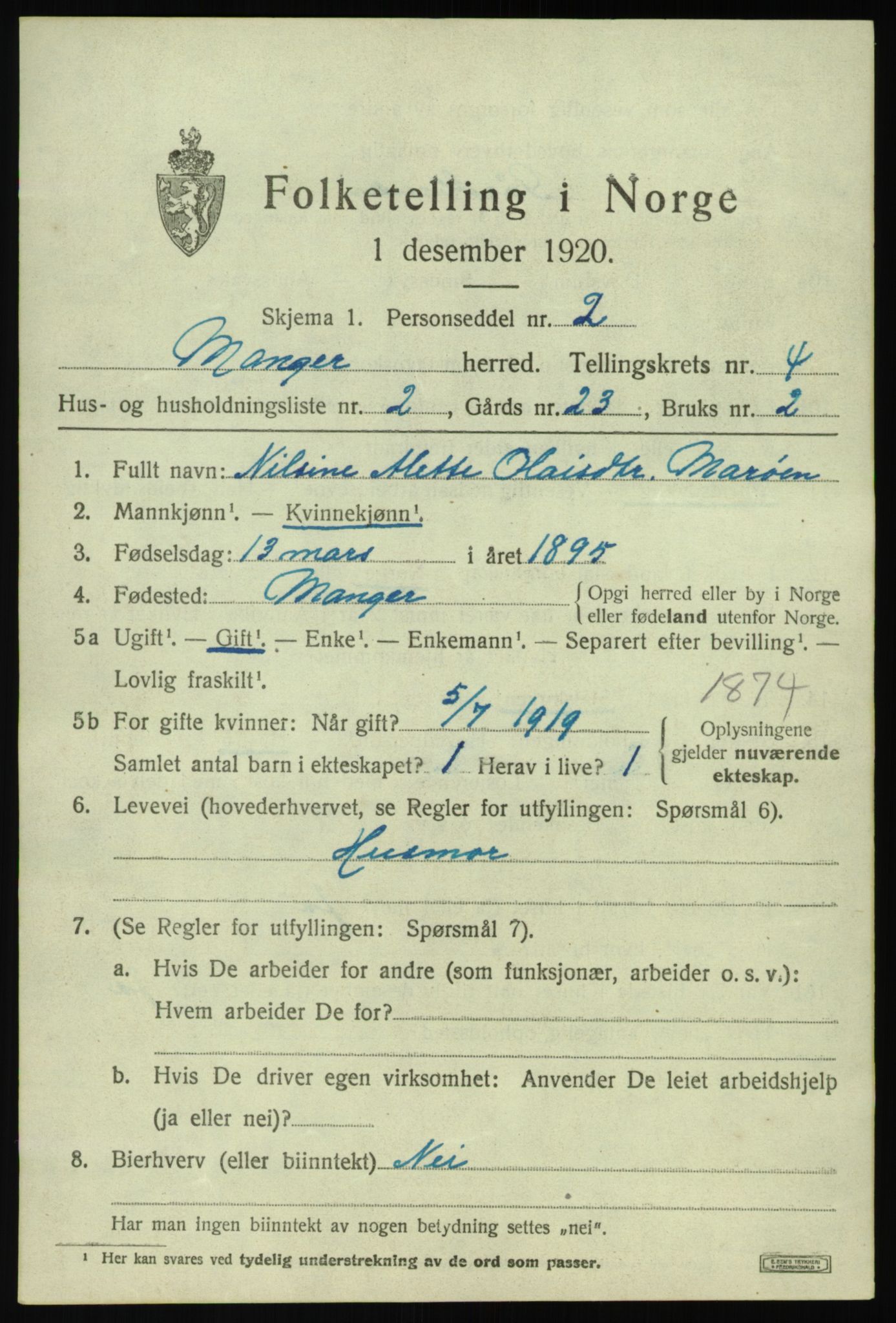 SAB, 1920 census for Manger, 1920, p. 3019