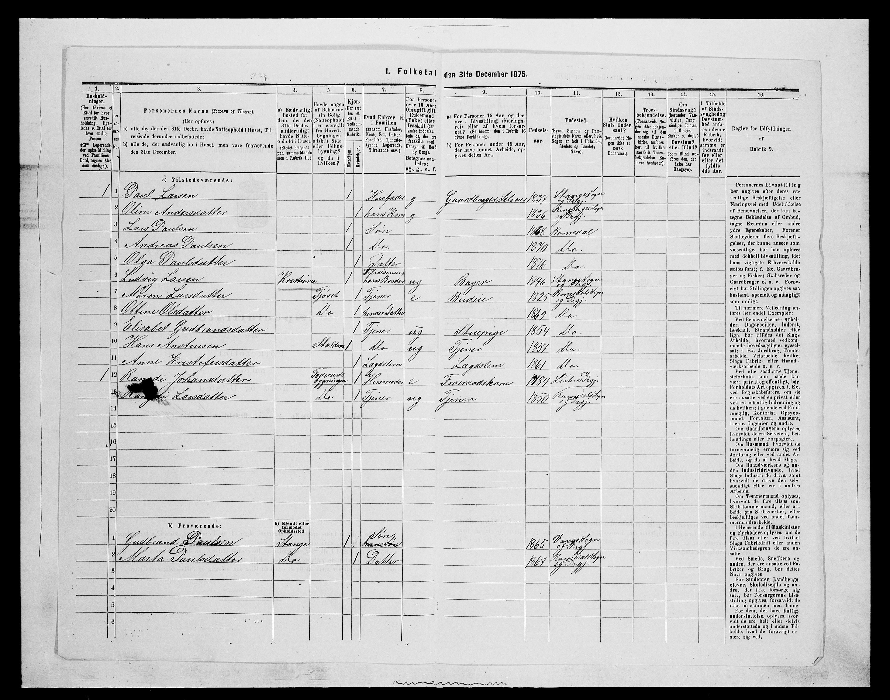 SAH, 1875 census for 0416P Romedal, 1875, p. 450