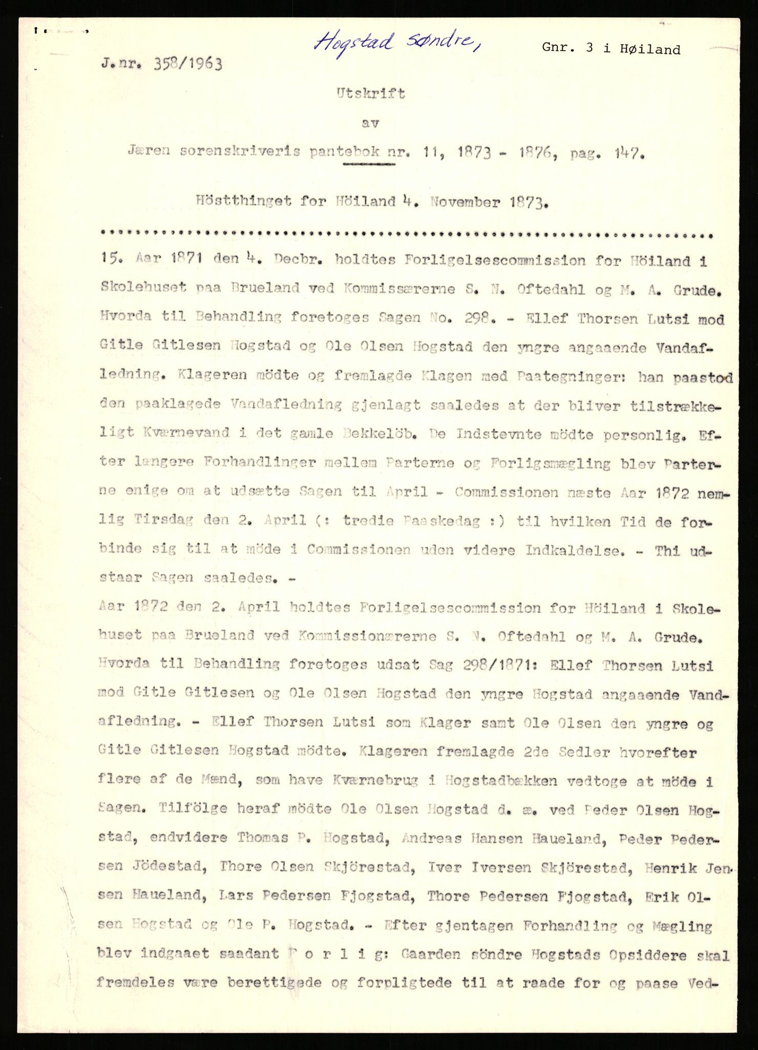 Statsarkivet i Stavanger, AV/SAST-A-101971/03/Y/Yj/L0038: Avskrifter sortert etter gårdsnavn: Hodne - Holte, 1750-1930, p. 262