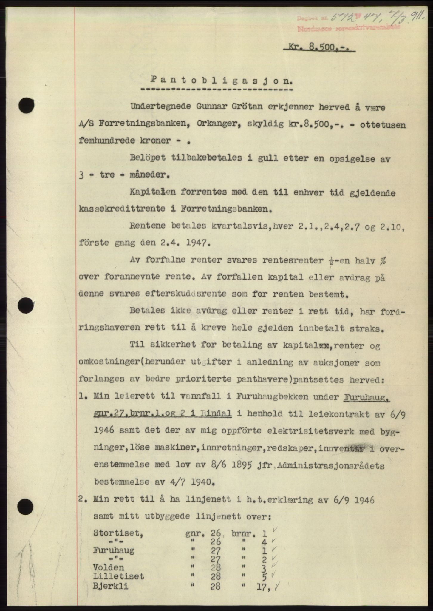 Nordmøre sorenskriveri, AV/SAT-A-4132/1/2/2Ca: Mortgage book no. B95, 1946-1947, Diary no: : 572/1947