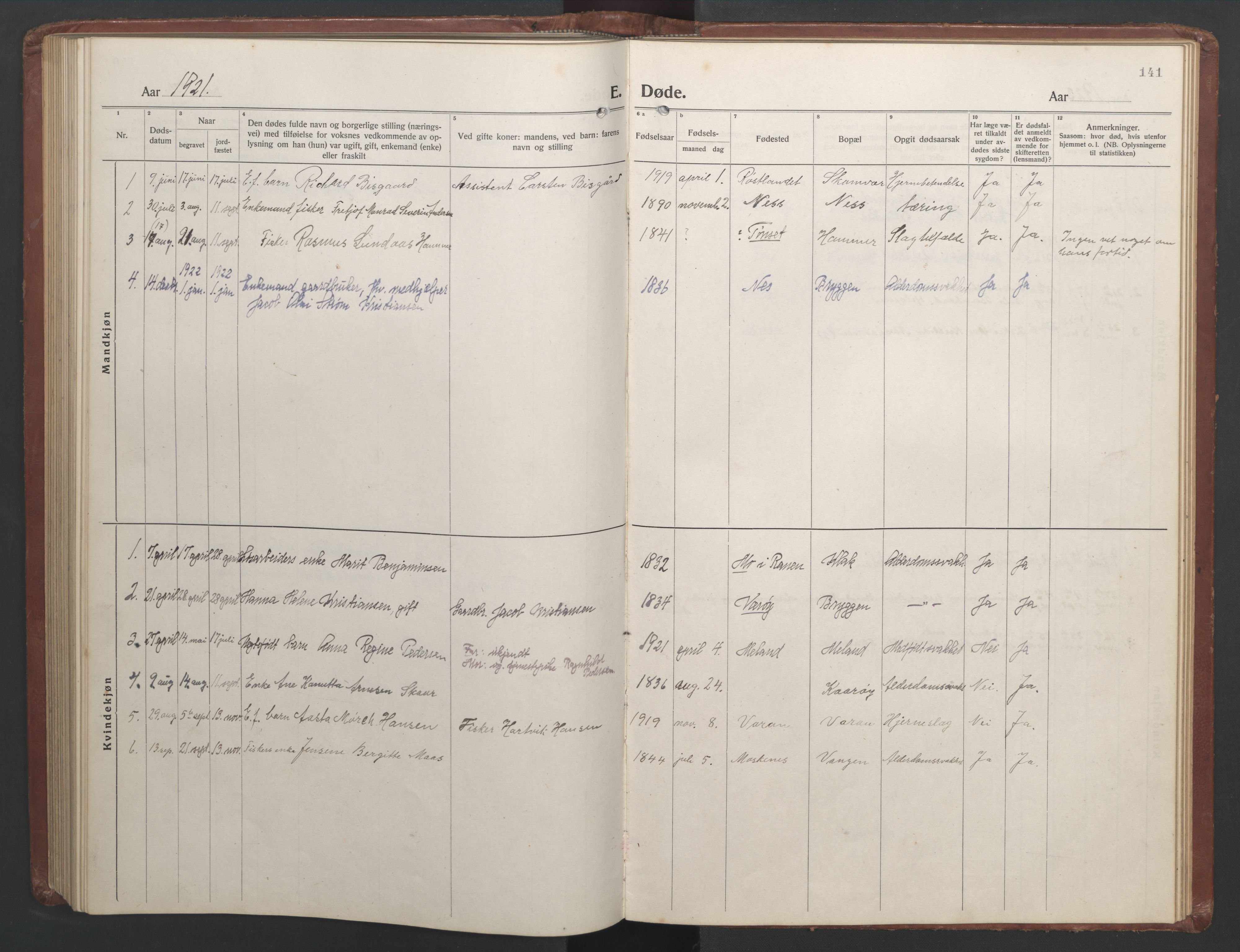 Ministerialprotokoller, klokkerbøker og fødselsregistre - Nordland, AV/SAT-A-1459/808/L0132: Parish register (copy) no. 808C03, 1920-1946, p. 141