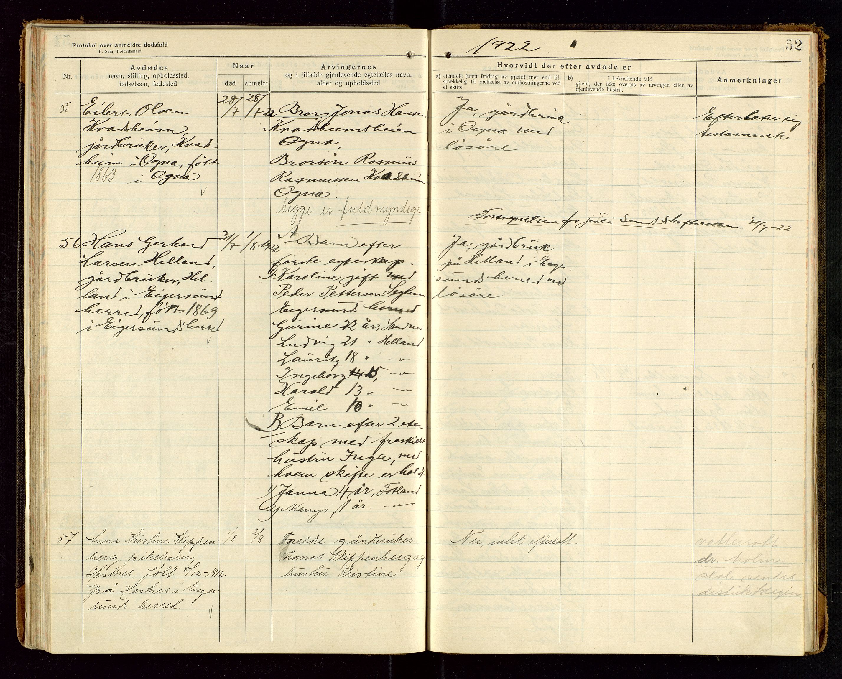 Eigersund lensmannskontor, SAST/A-100171/Gga/L0008: "Protokol over anmeldte dødsfald" m/alfabetisk navneregister, 1920-1922, p. 52